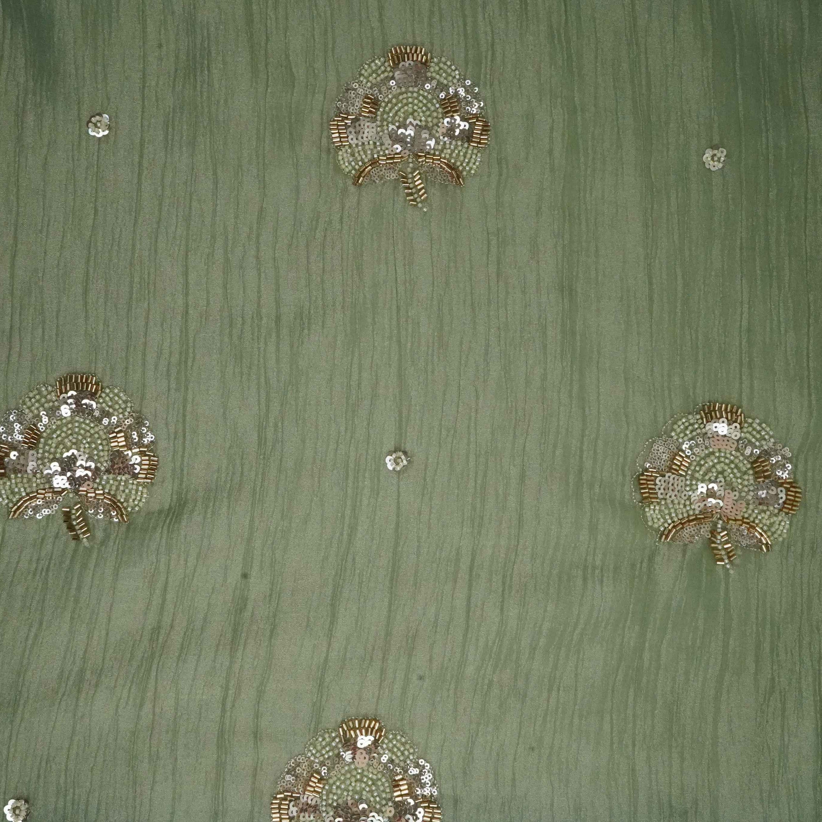 Sage Green Stripes Zari Cutdana Embroidery Fendi Silk Fabric JD-33280