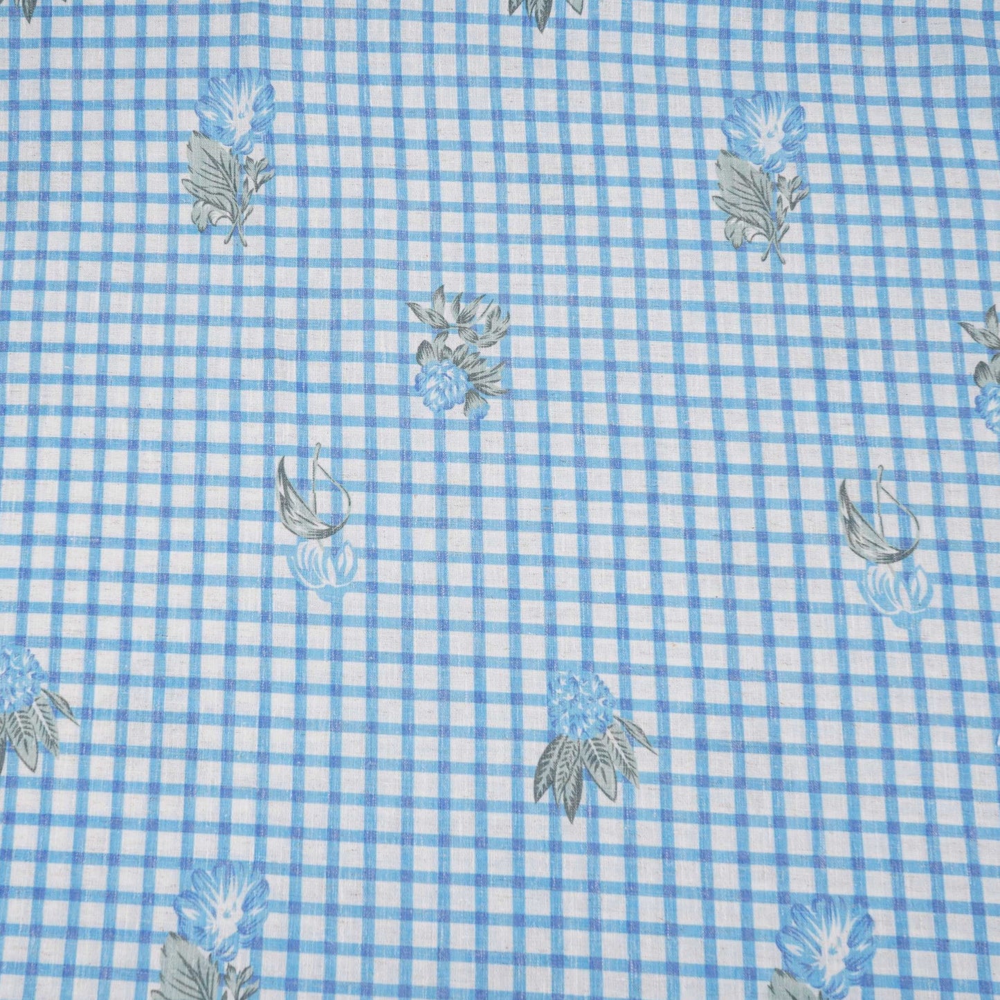 Blue floral Check print Linen Fabric DE-32131