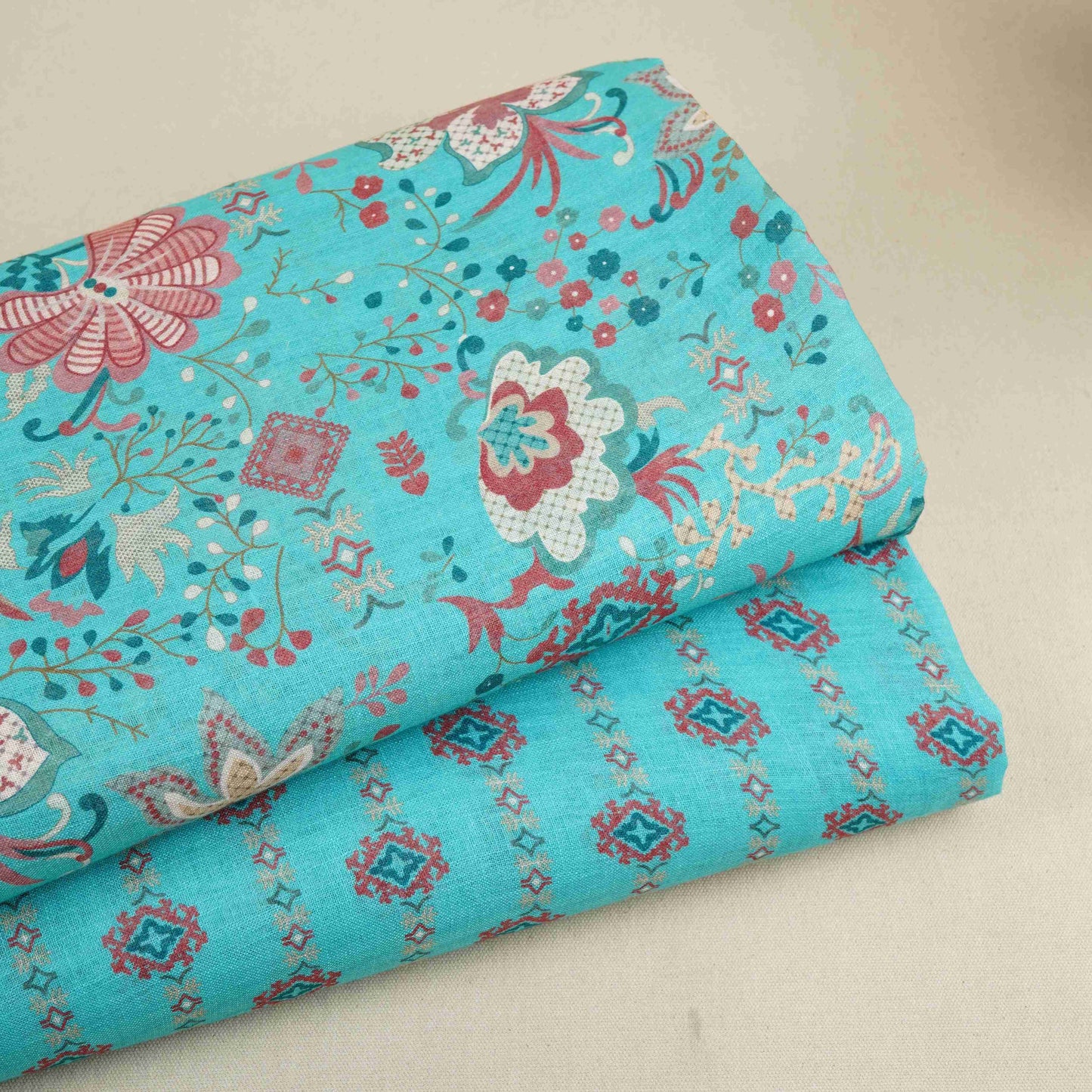 Teal Green Abstract Print Cotton Linen Fabric GTS-30275