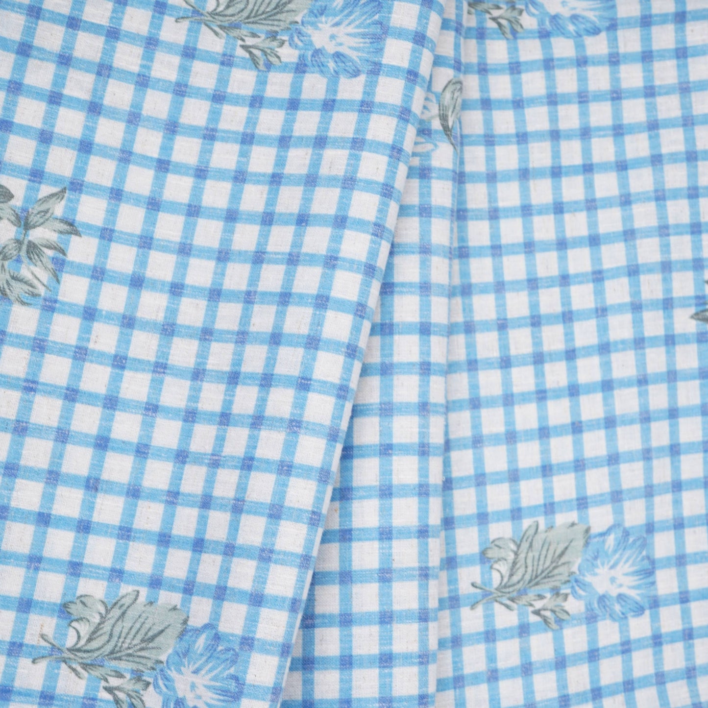 Blue floral Check print Linen Fabric DE-32131