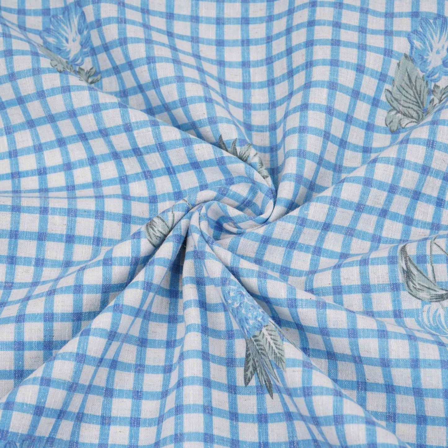 Blue floral Check print Linen Fabric DE-32131