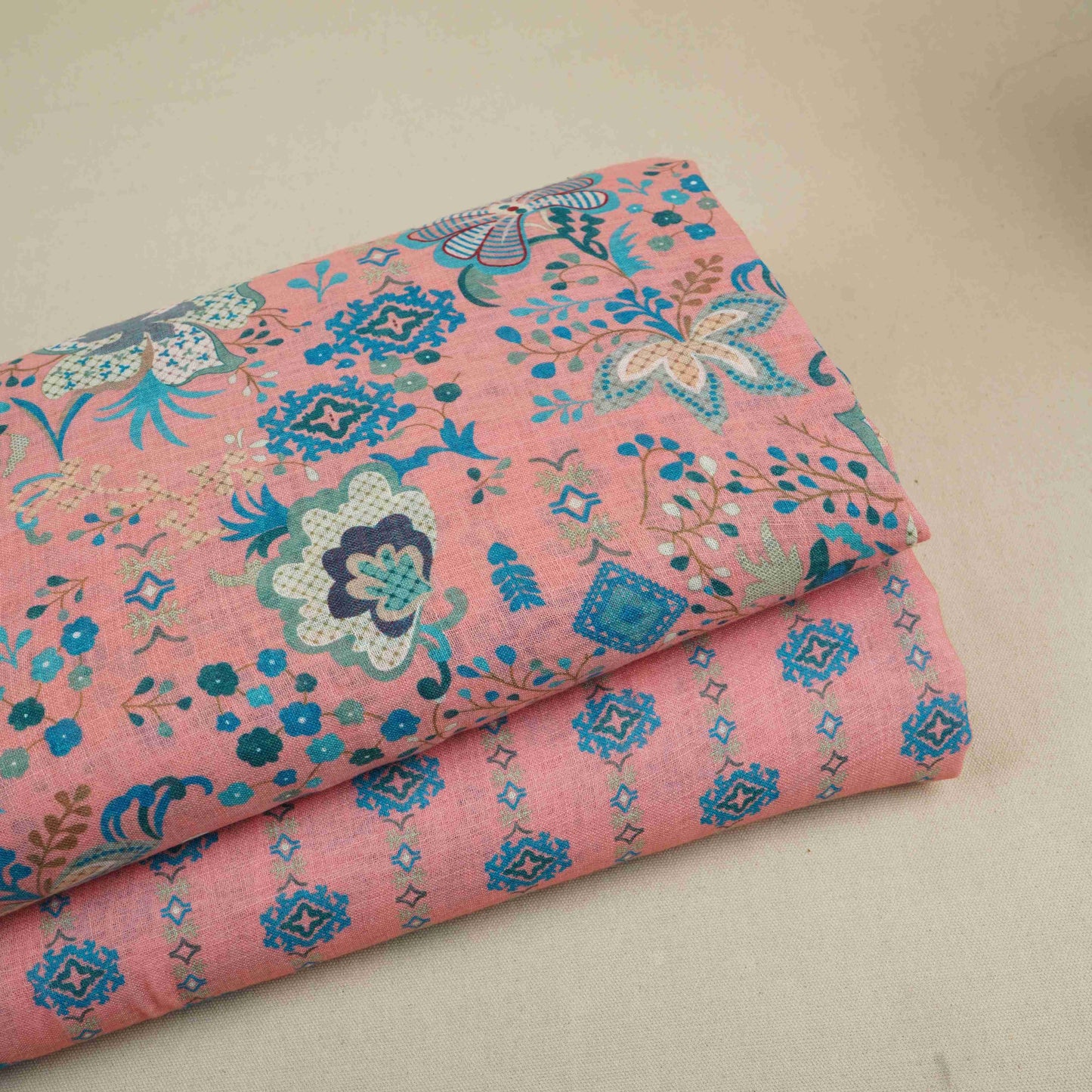 Coral Pink Abstract Print Cotton Linen Fabric GTS-30279