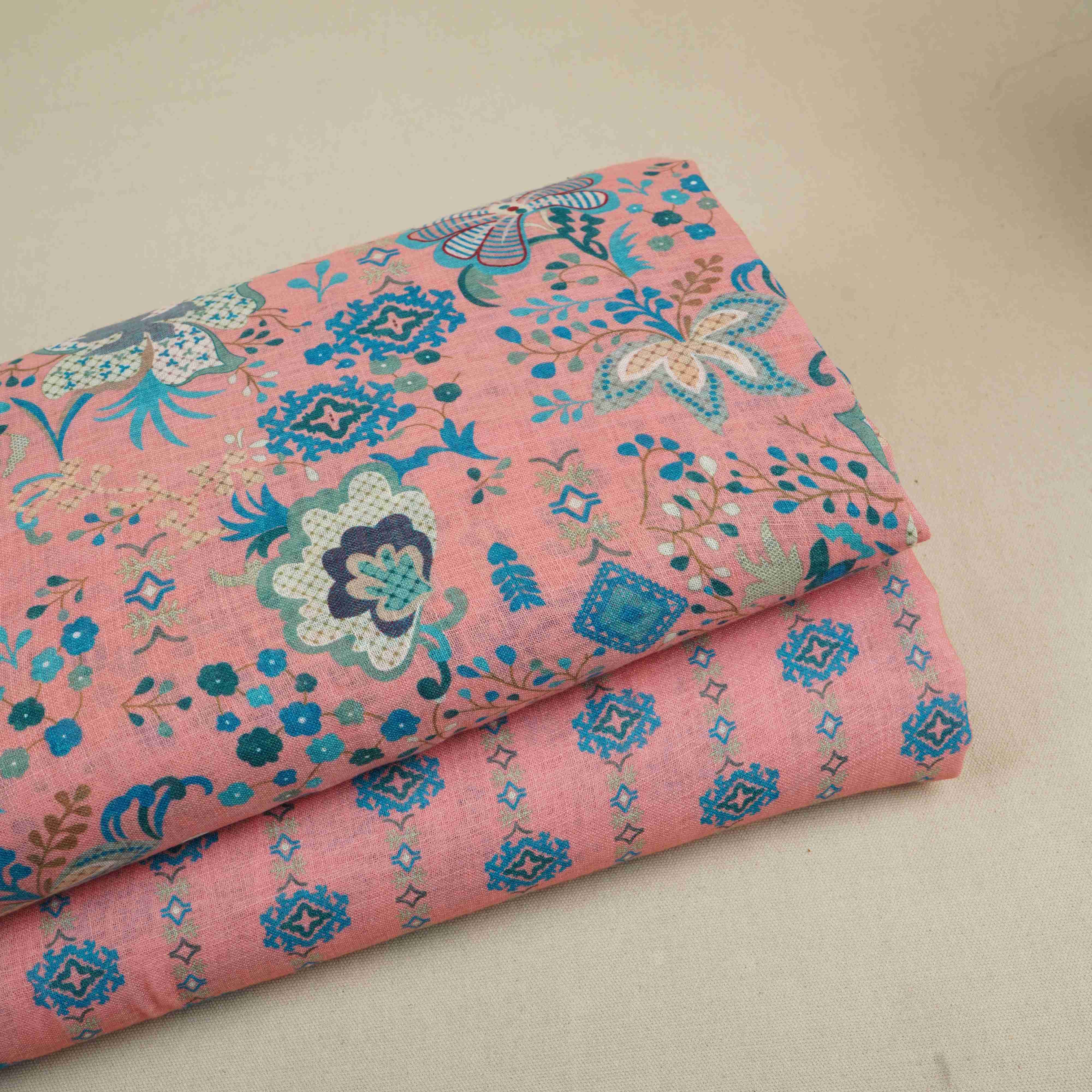 Coral Pink Abstract Print Cotton Linen Fabric GTS-30279 - TradeUNO