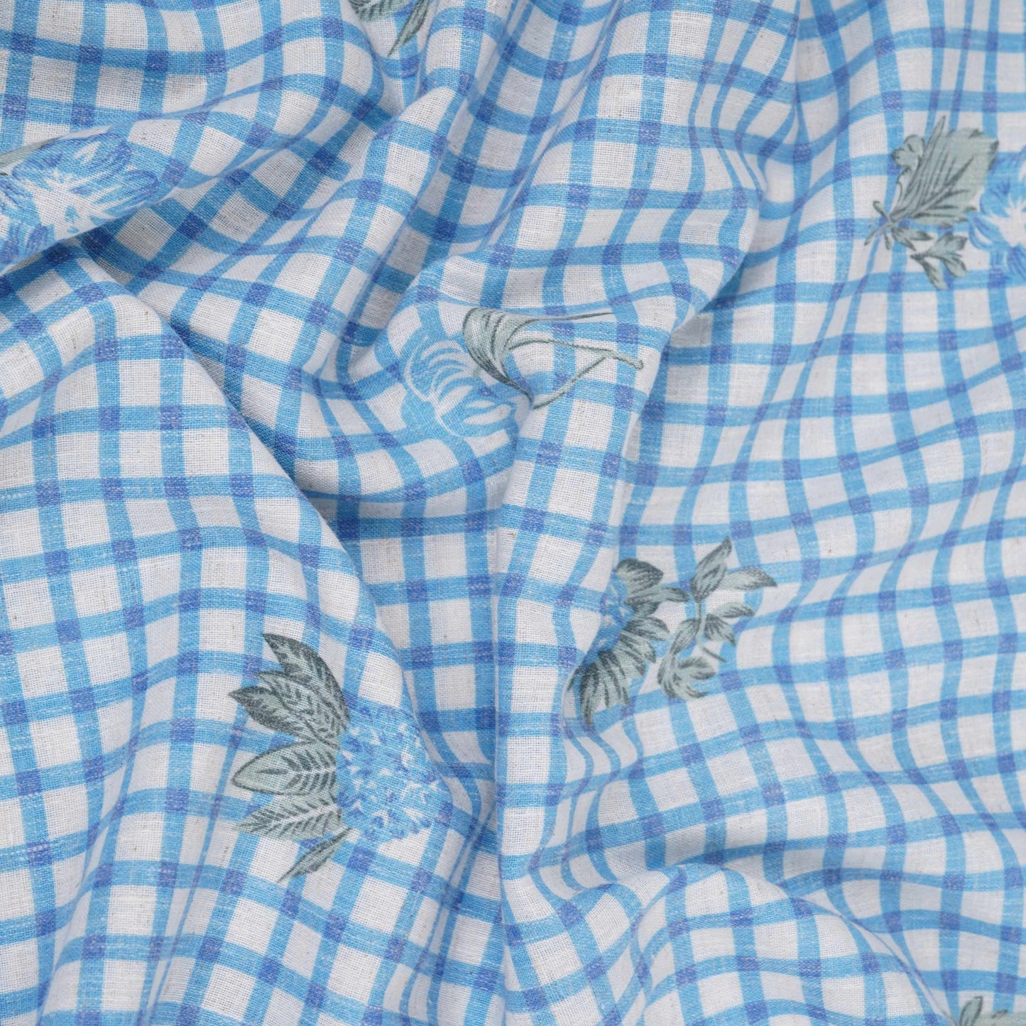 Blue floral Check print Linen Fabric DE-32131