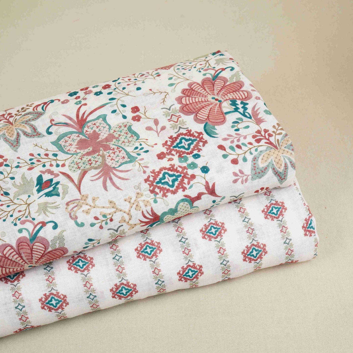 Cream Floral Print Cotton Linen Fabric GTS-30284