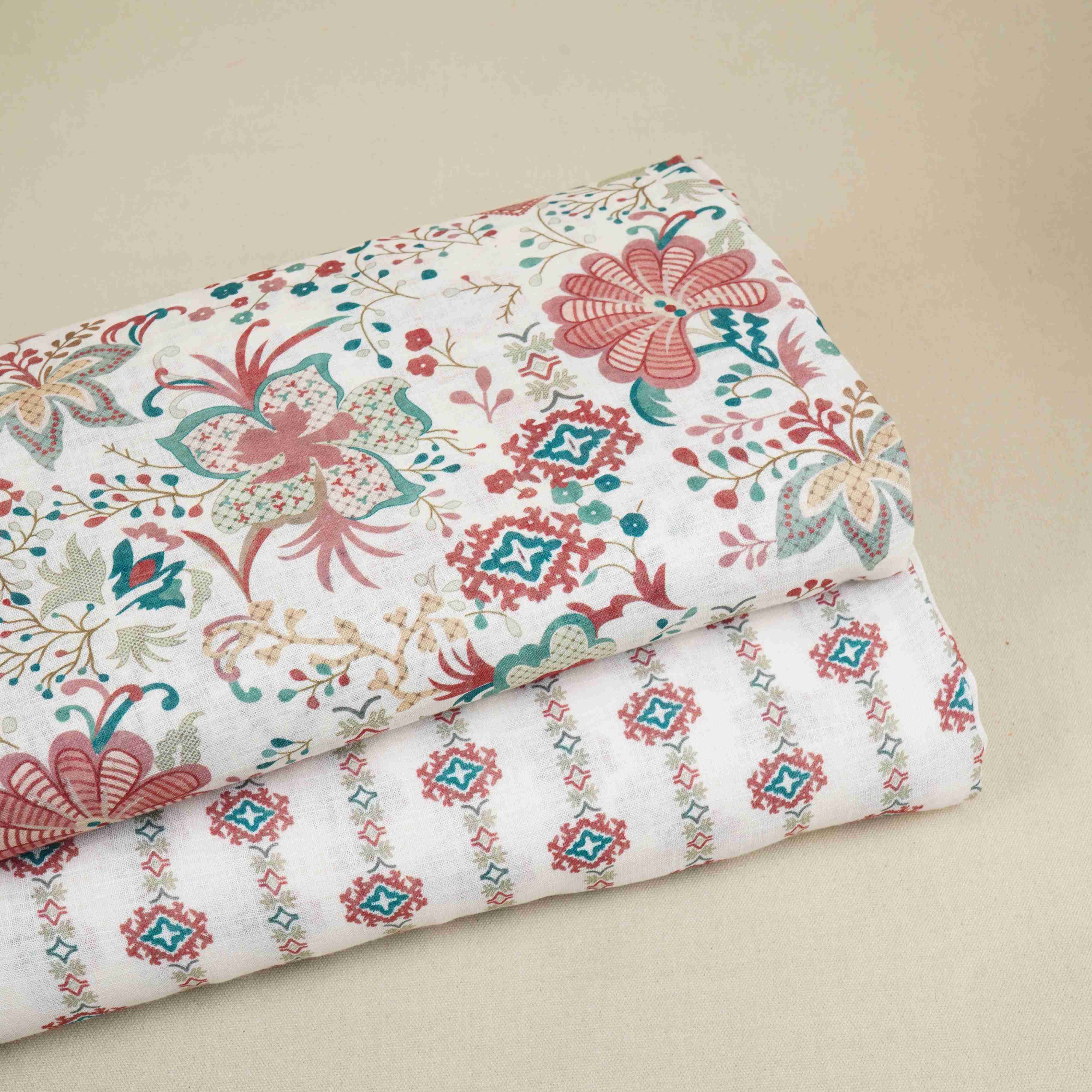 Cream Abstract Print Cotton Linen Fabric GTS-30285 - TradeUNO
