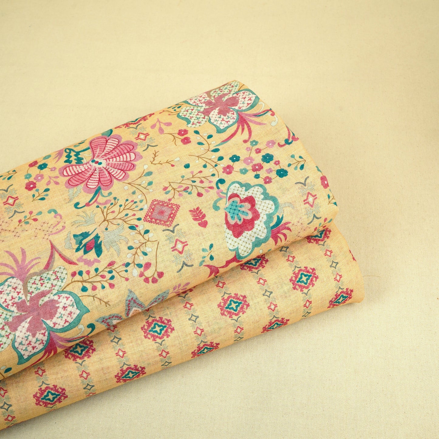 Light Yellow Abstract Print Cotton Linen Fabric GTS-30287
