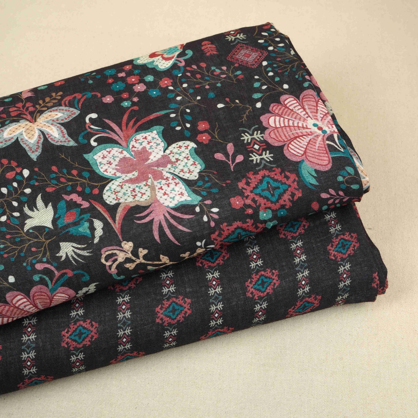 Black Abstract Print Cotton Linen Fabric GTS-30281