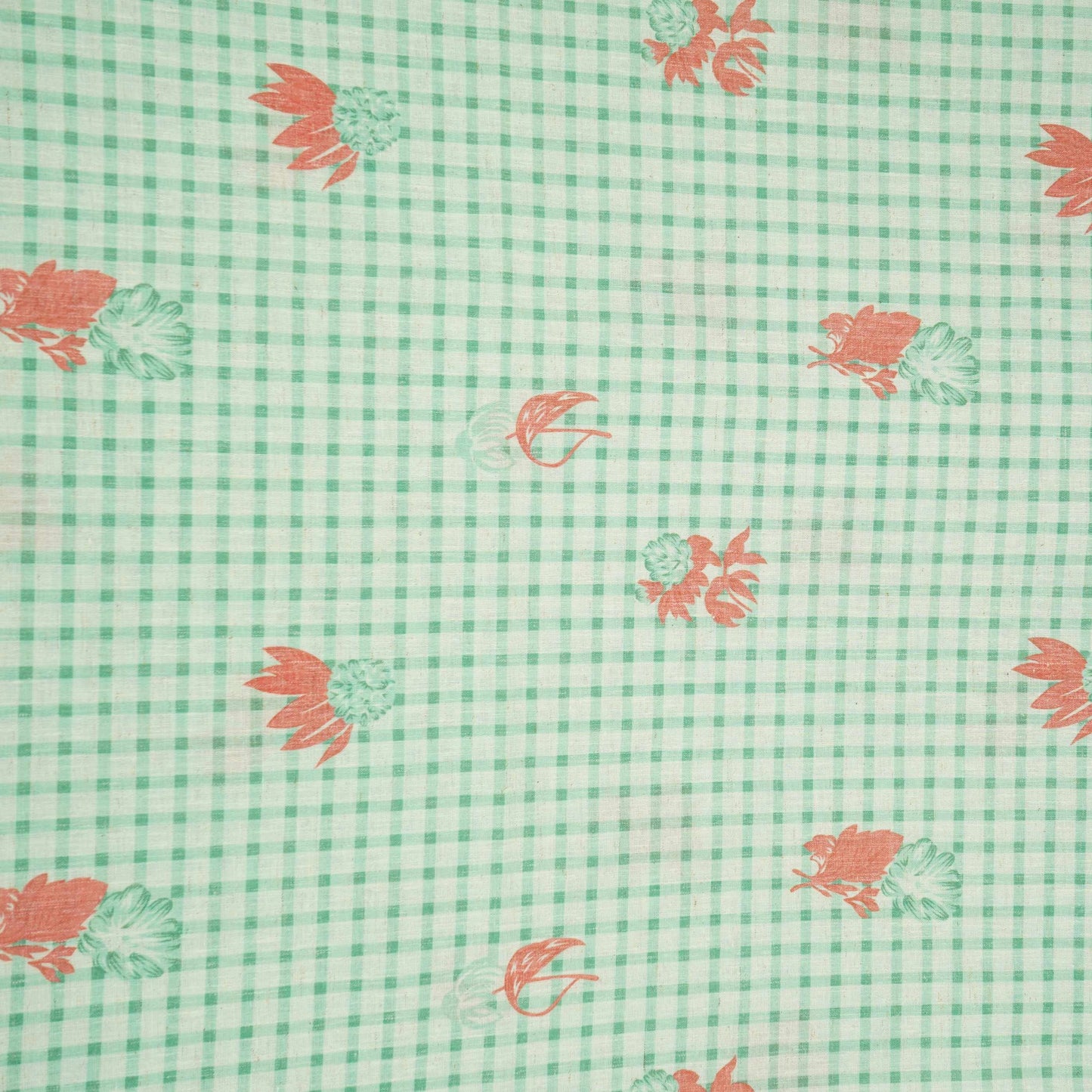 Green floral Check print Linen Fabric DE-32132