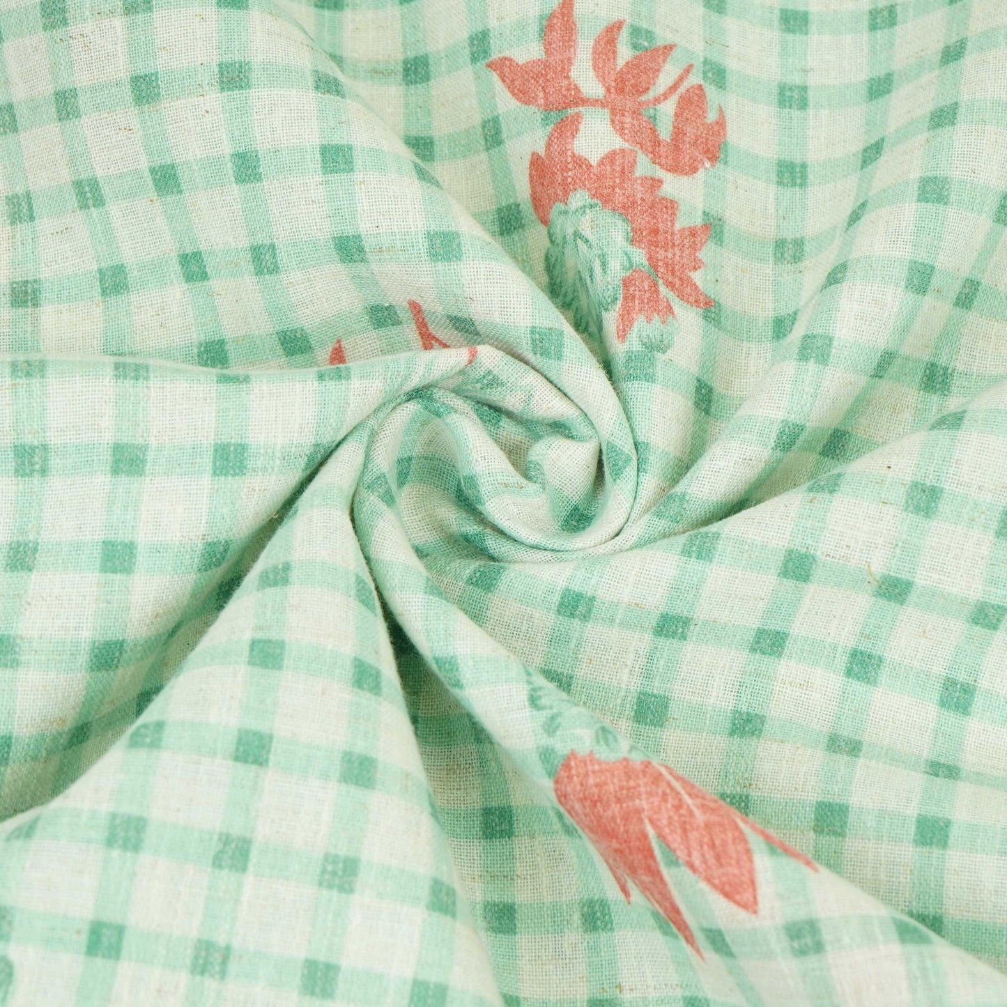 Green floral Check print Linen Fabric DE-32132