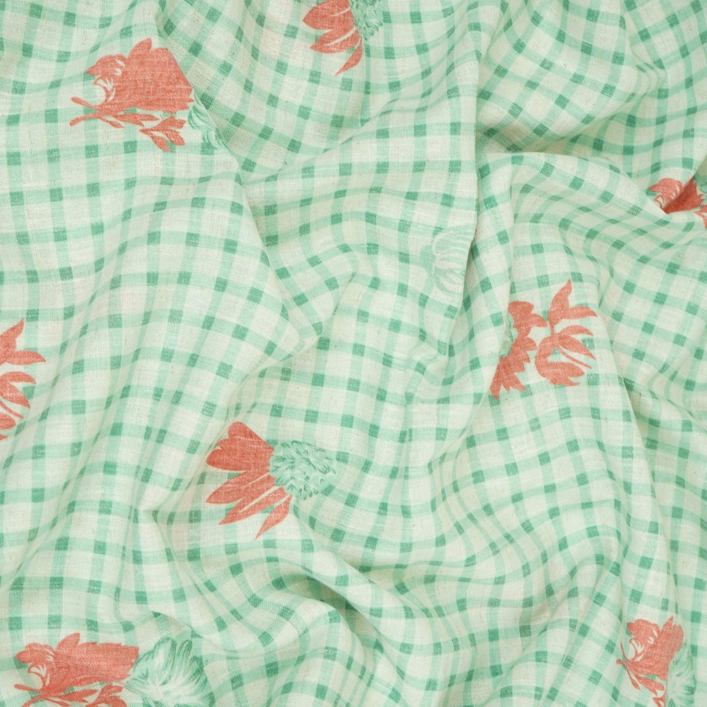 Green floral Check print Linen Fabric DE-32132