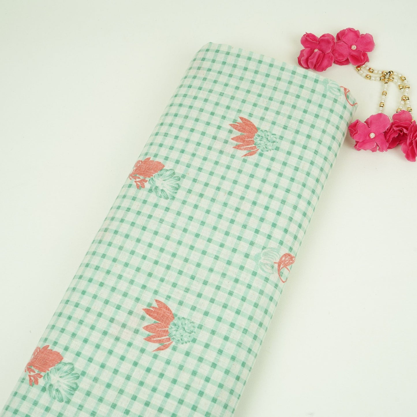 Green floral Check print Linen Fabric DE-32132