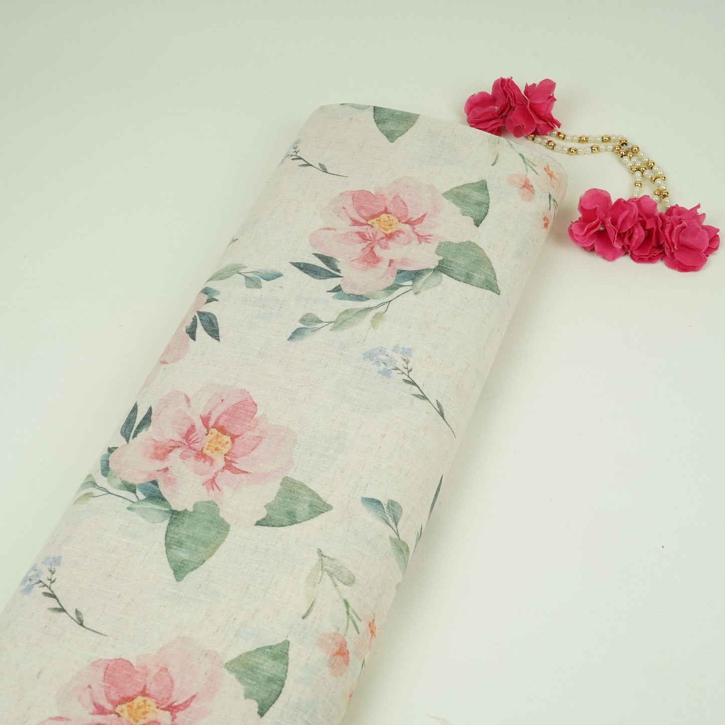 Off White with Red floral print Linen Fabric DE-32124