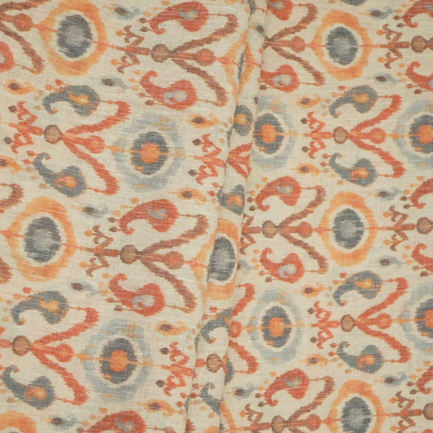 Off White with Orange ikat print Linen Fabric DE-32129