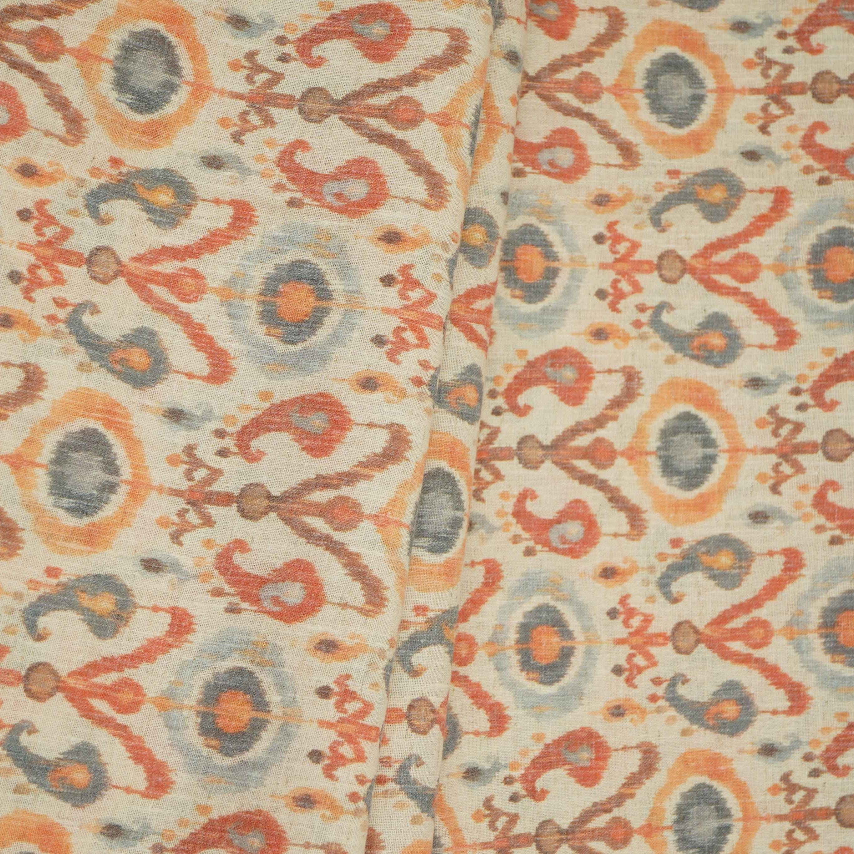 Off White with Orange ikat print Linen Fabric DE-32129 - TradeUNO
