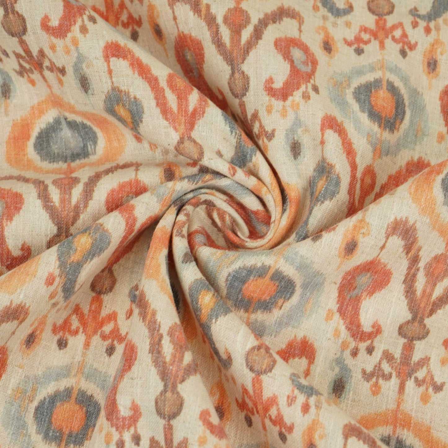 Off White with Orange ikat print Linen Fabric DE-32129