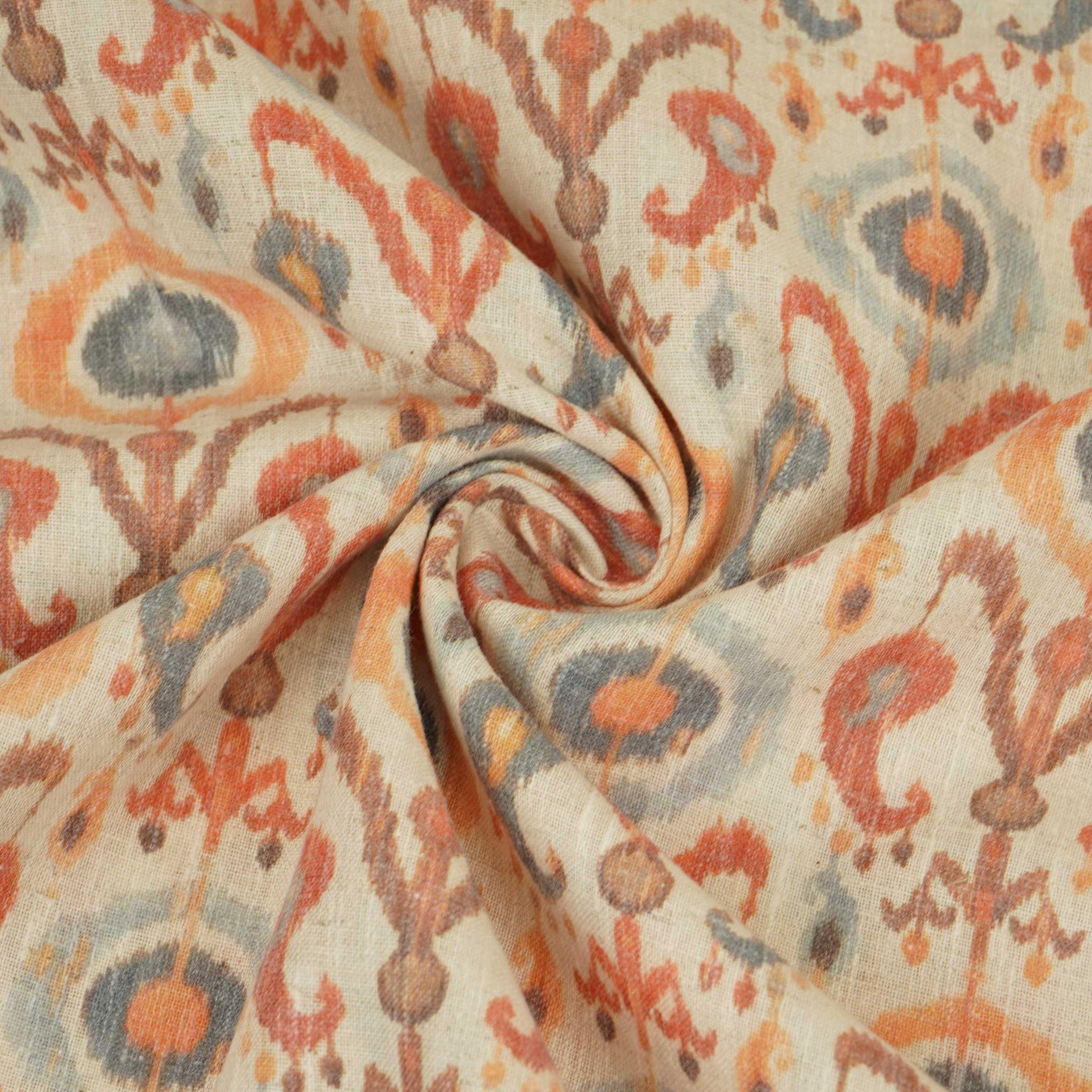 Off White with Orange ikat print Linen Fabric DE-32129 - TradeUNO