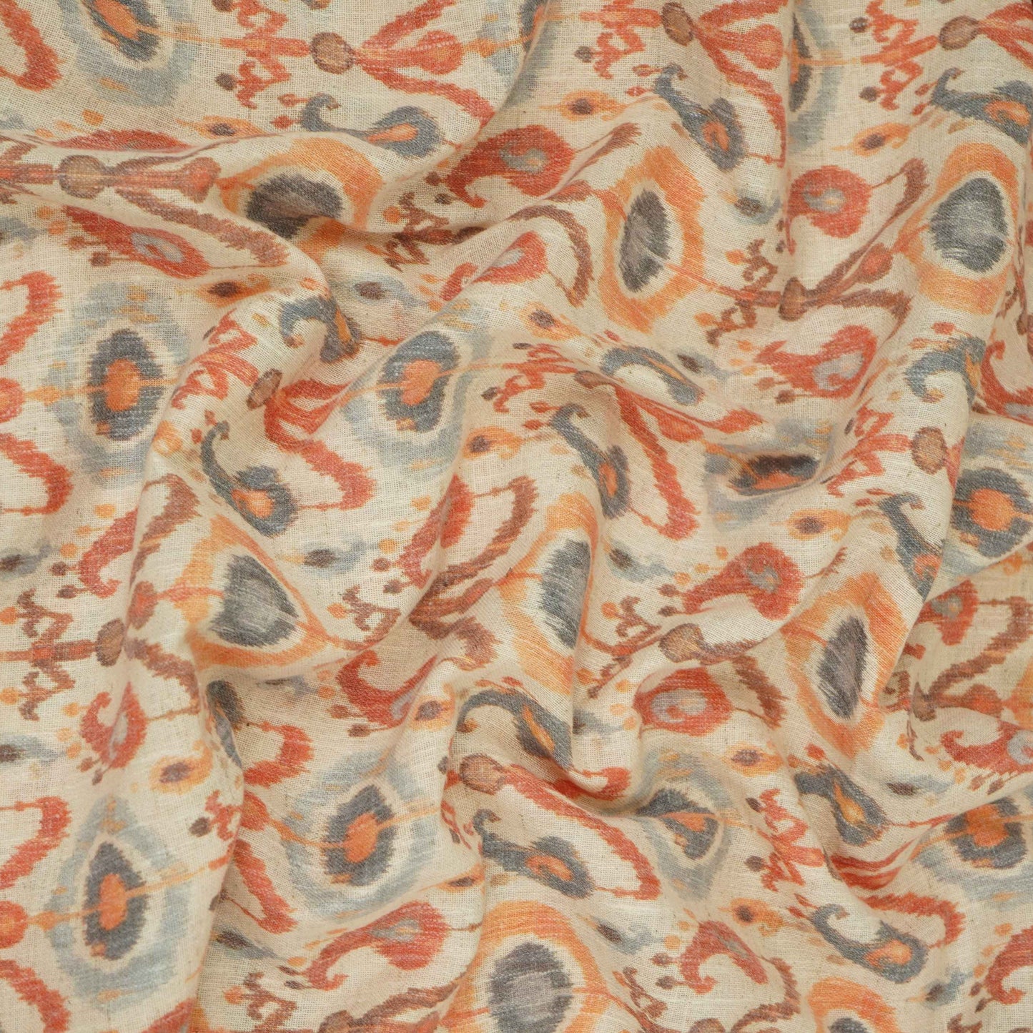 Off White with Orange ikat print Linen Fabric DE-32129