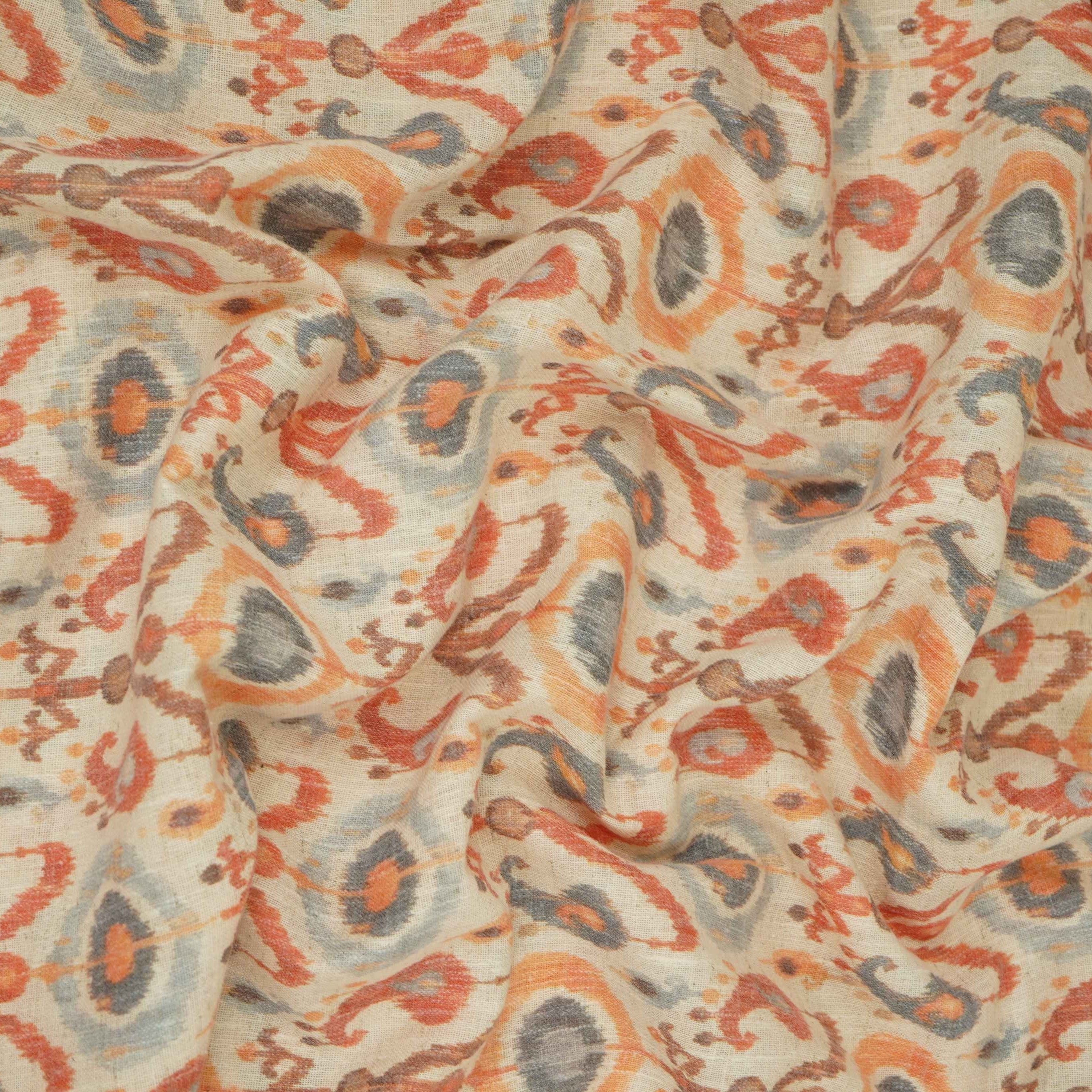 Off White with Orange ikat print Linen Fabric DE-32129 - TradeUNO