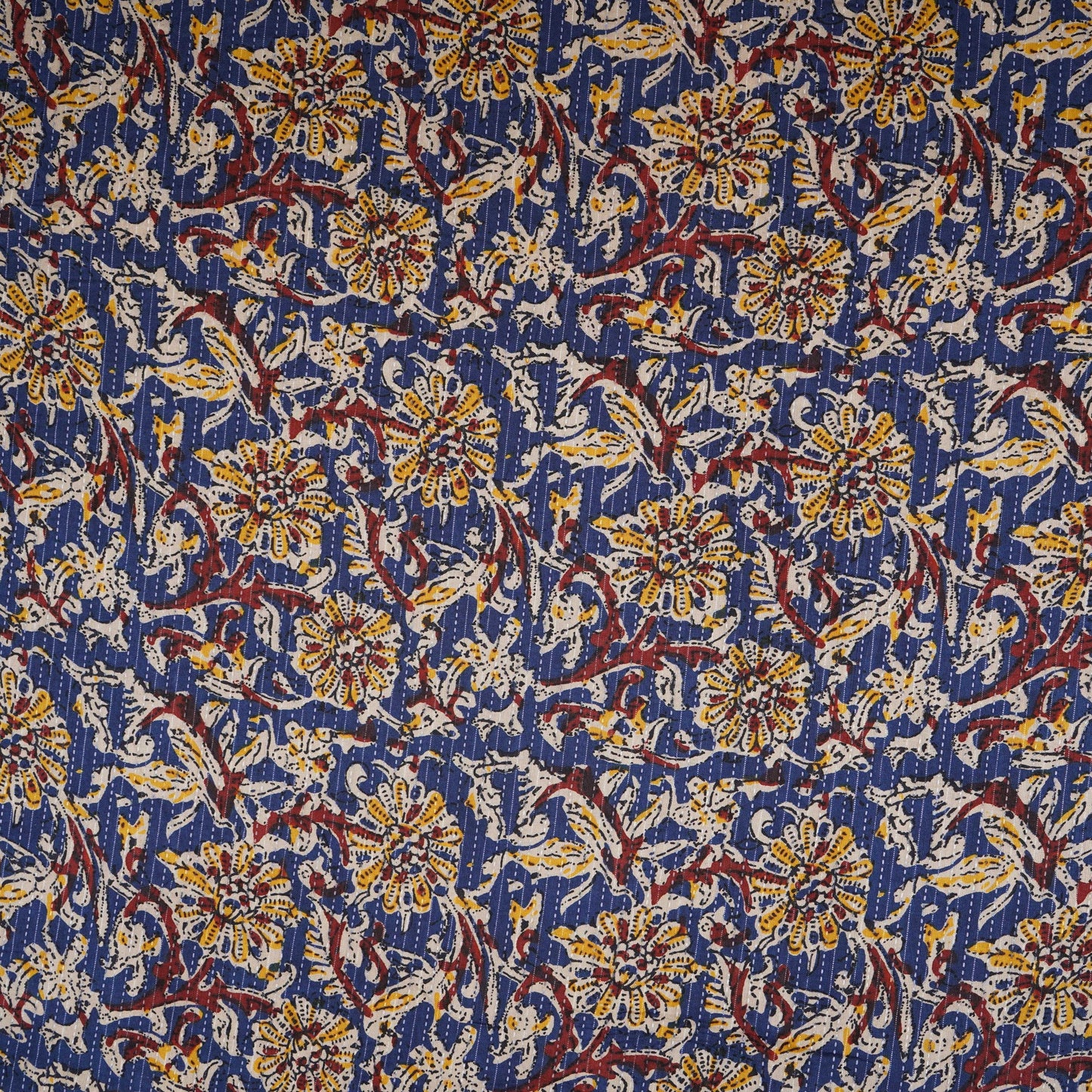 Royal Blue & Yellow Floral Kantha Print Cotton Fabric OG-30294 - TradeUNO