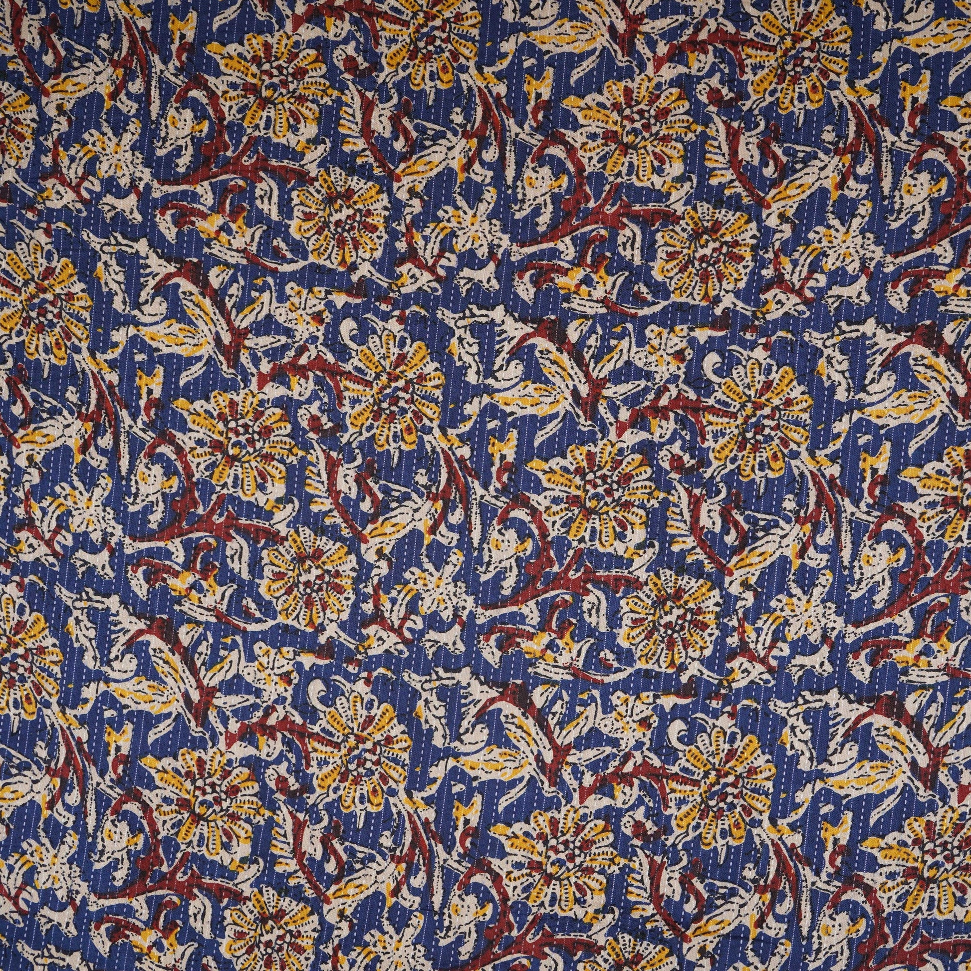 Royal Blue & Yellow Floral Kantha Print Cotton Fabric OG-30294 - TradeUNO