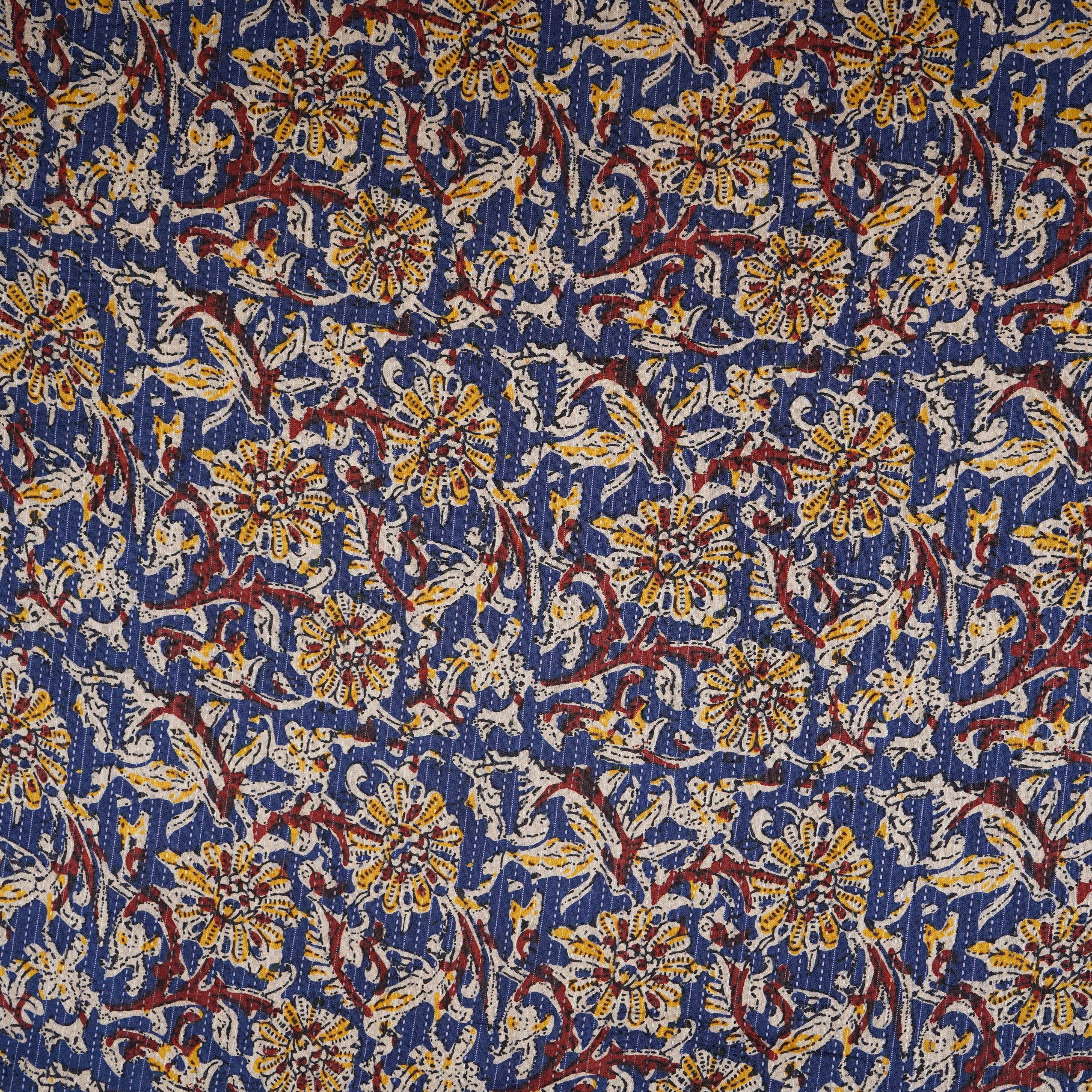 Royal Blue & Yellow Floral Kantha Print Cotton Fabric OG-30294 - TradeUNO