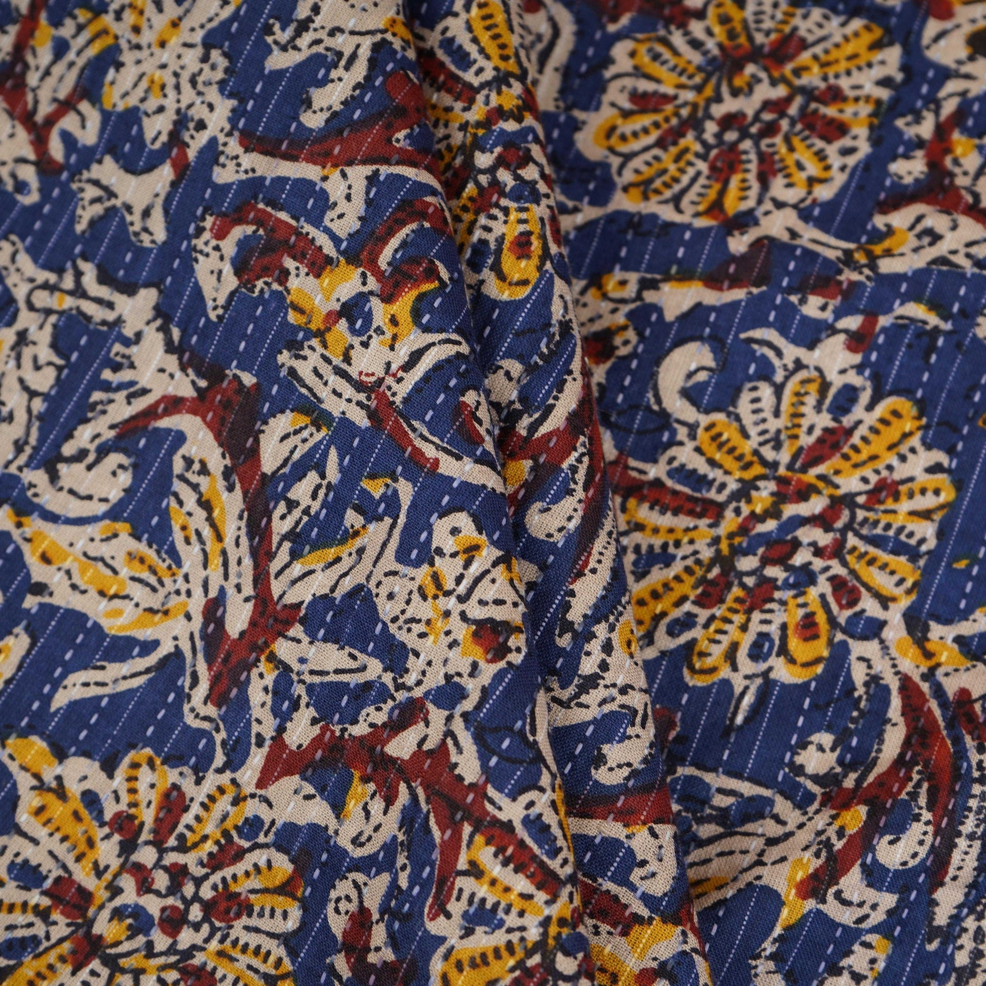 Royal Blue & Yellow Floral Kantha Print Cotton Fabric OG-30294 - TradeUNO
