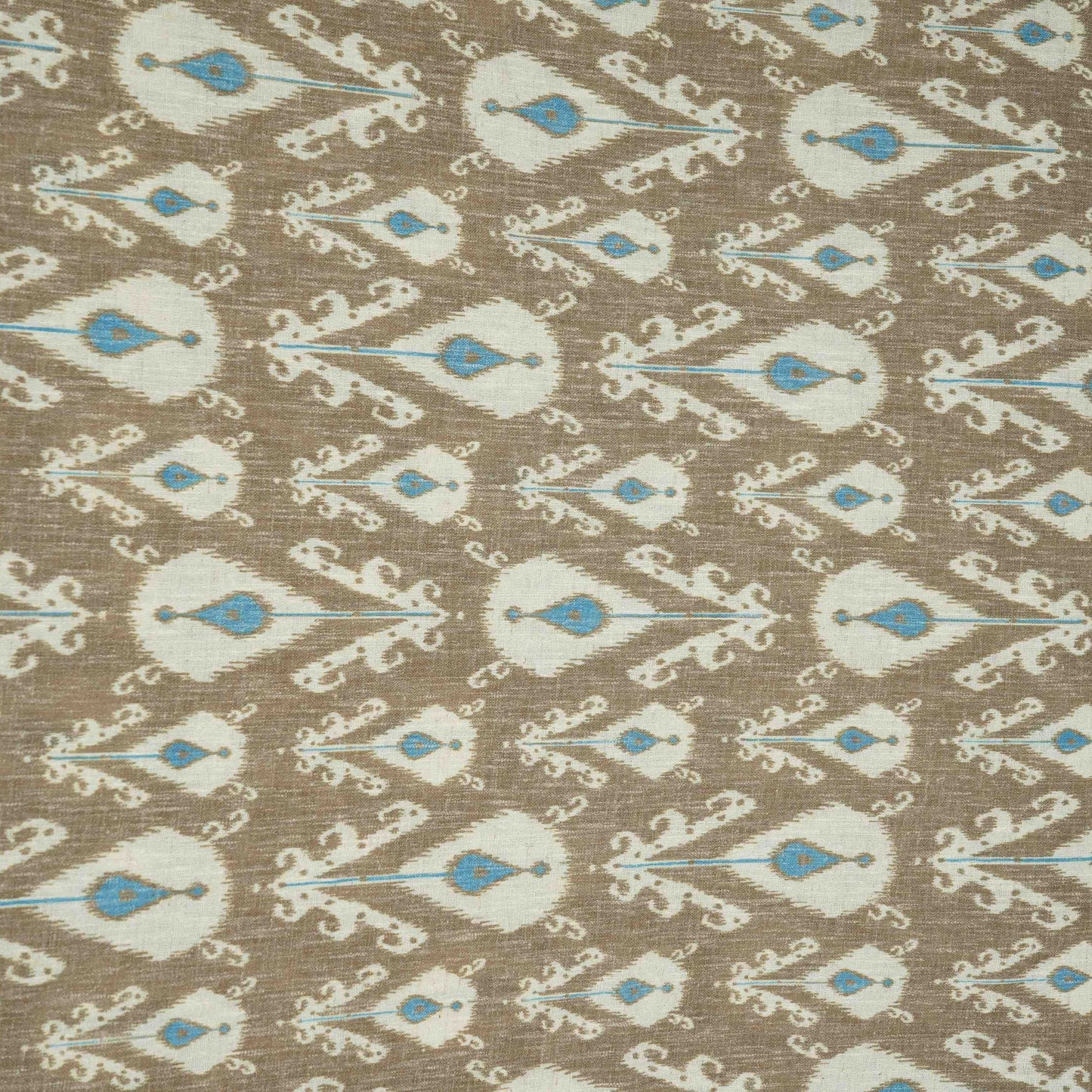 Khaki Brown & Blue ikat print Linen Fabric DE-32127