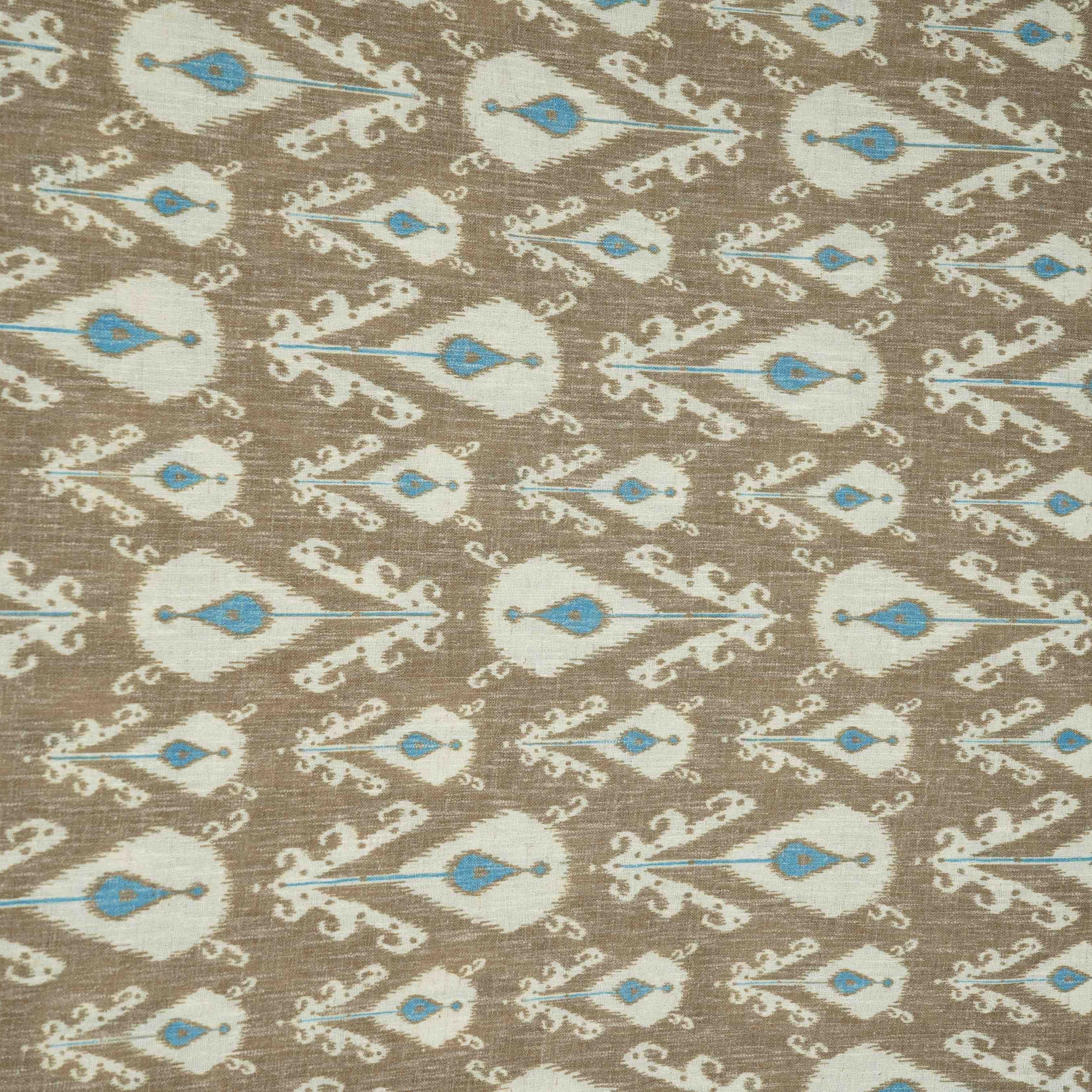 Khaki Brown & Blue ikat print Linen Fabric DE-32127 - TradeUNO