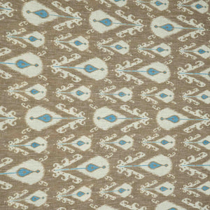 Khaki Brown & Blue ikat print Linen Fabric DE-32127 - TradeUNO