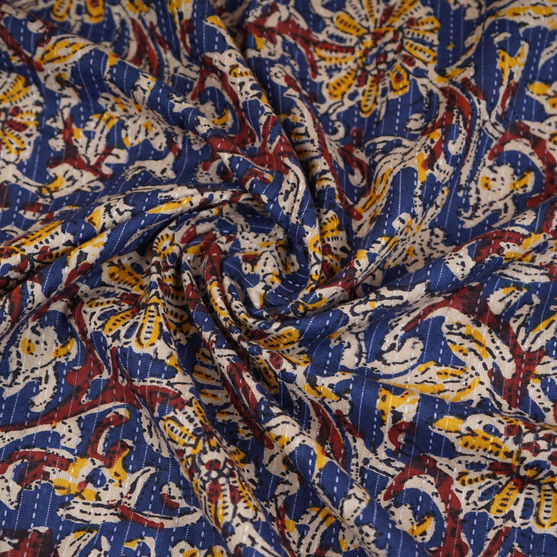 Royal Blue & Yellow Floral Kantha Print Cotton Fabric OG-30294 - TradeUNO
