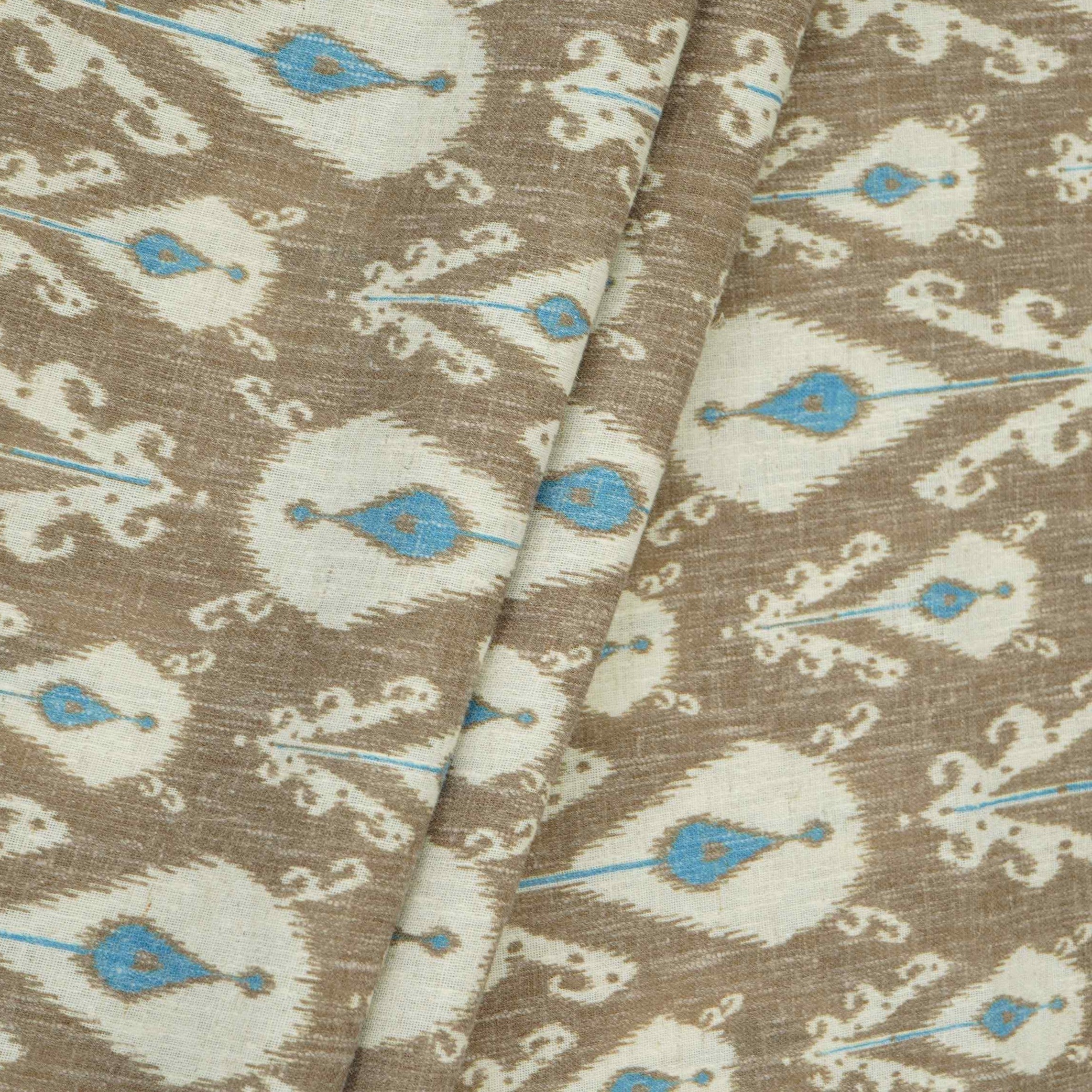 Khaki Brown & Blue ikat print Linen Fabric DE-32127 - TradeUNO