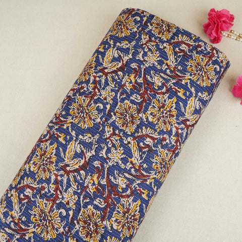 Royal Blue & Yellow Floral Kantha Print Cotton Fabric OG-30294