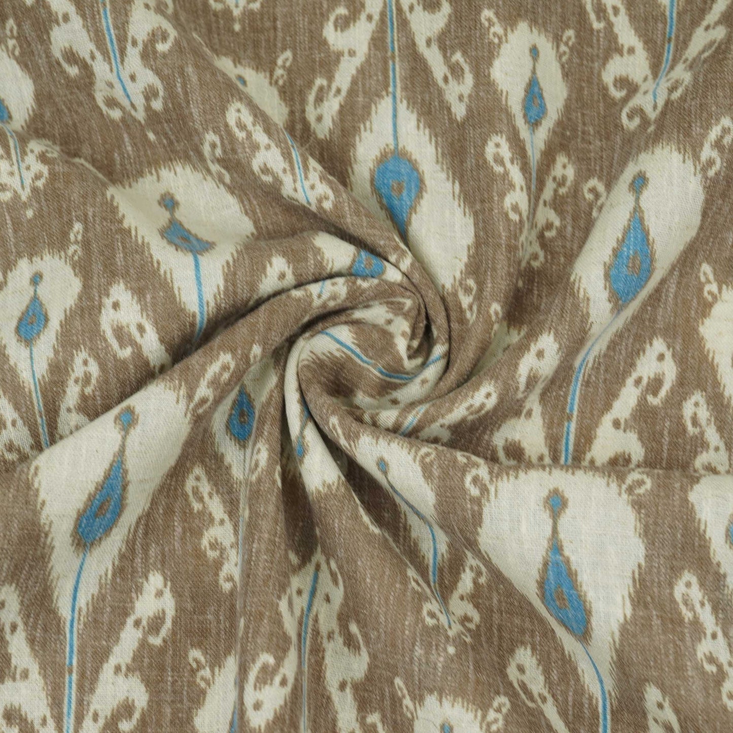 Khaki Brown & Blue ikat print Linen Fabric DE-32127