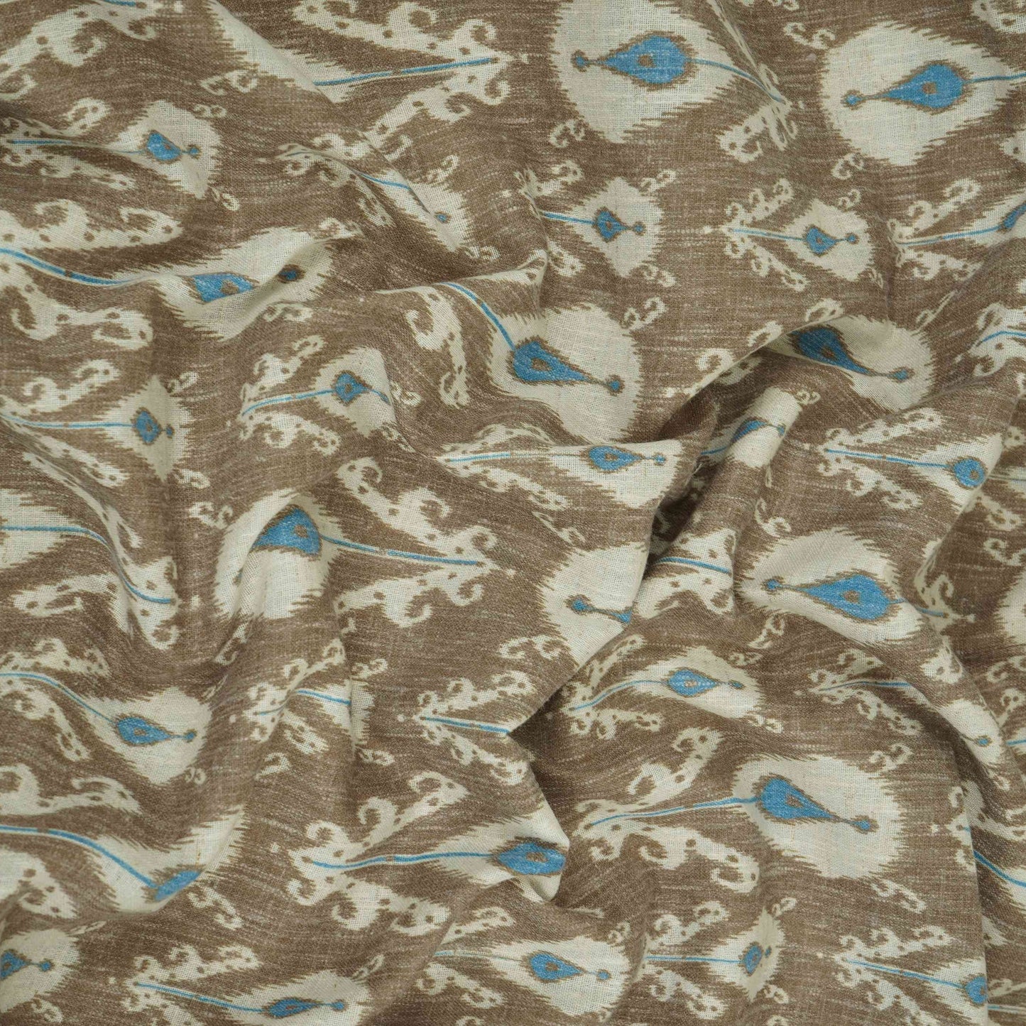 Khaki Brown & Blue ikat print Linen Fabric DE-32127