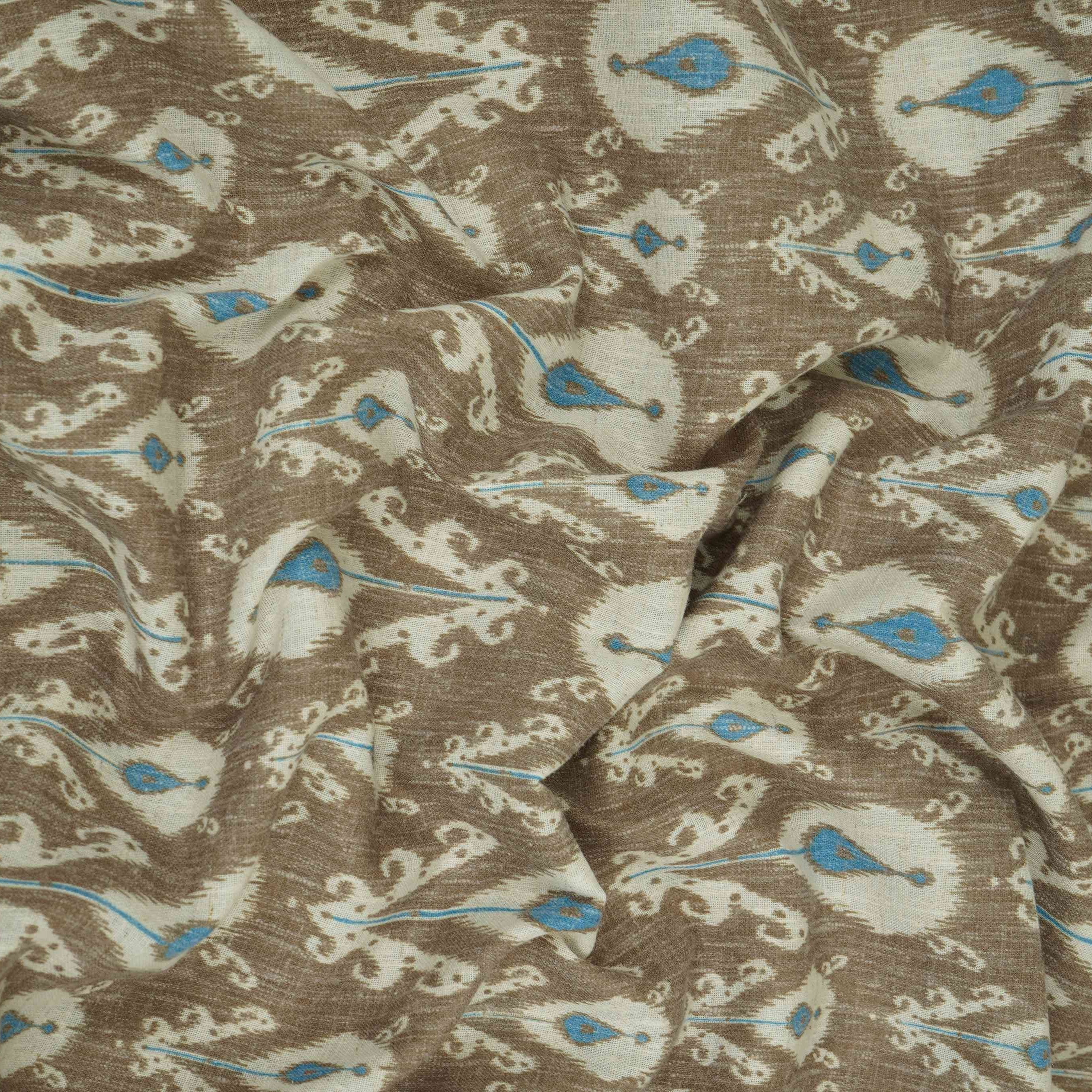 Khaki Brown & Blue ikat print Linen Fabric DE-32127 - TradeUNO
