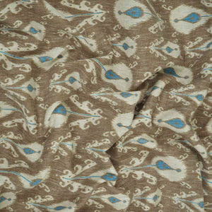 Khaki Brown & Blue ikat print Linen Fabric DE-32127 - TradeUNO