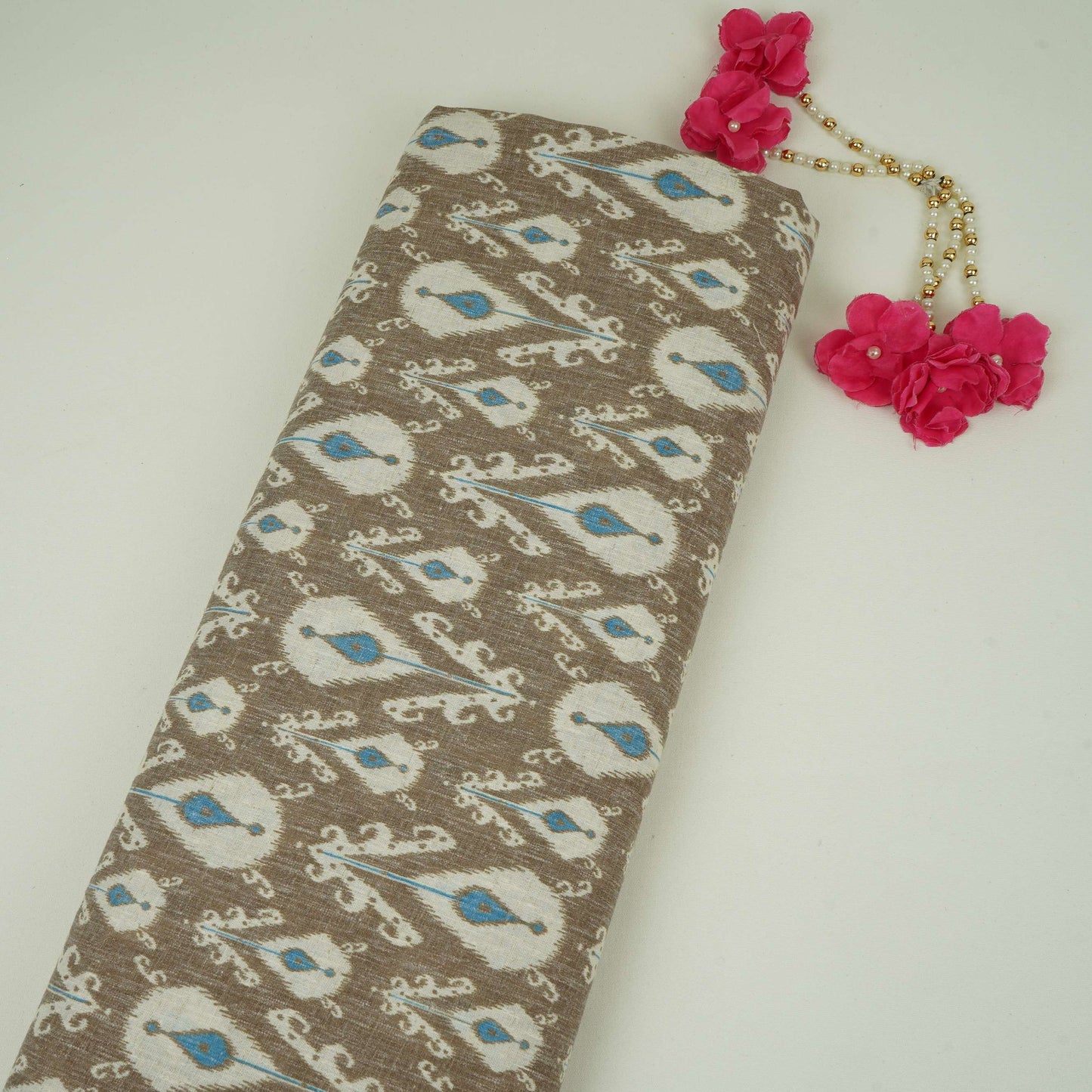 Khaki Brown & Blue ikat print Linen Fabric DE-32127