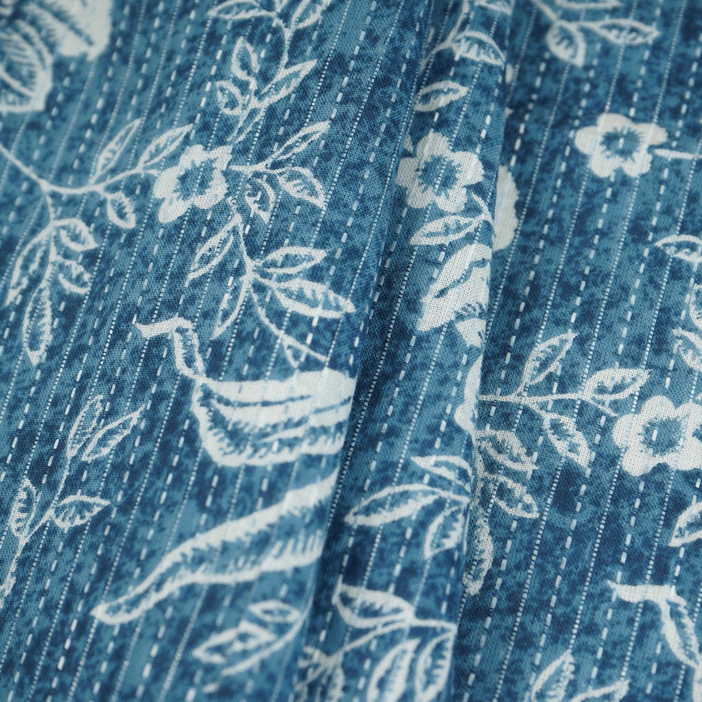 Light Blue with White Floral Kantha Print Cotton Fabric OG-30293
