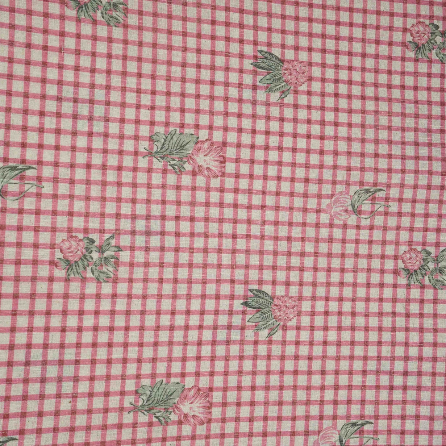 Pink floral Check print Linen Fabric DE-32130