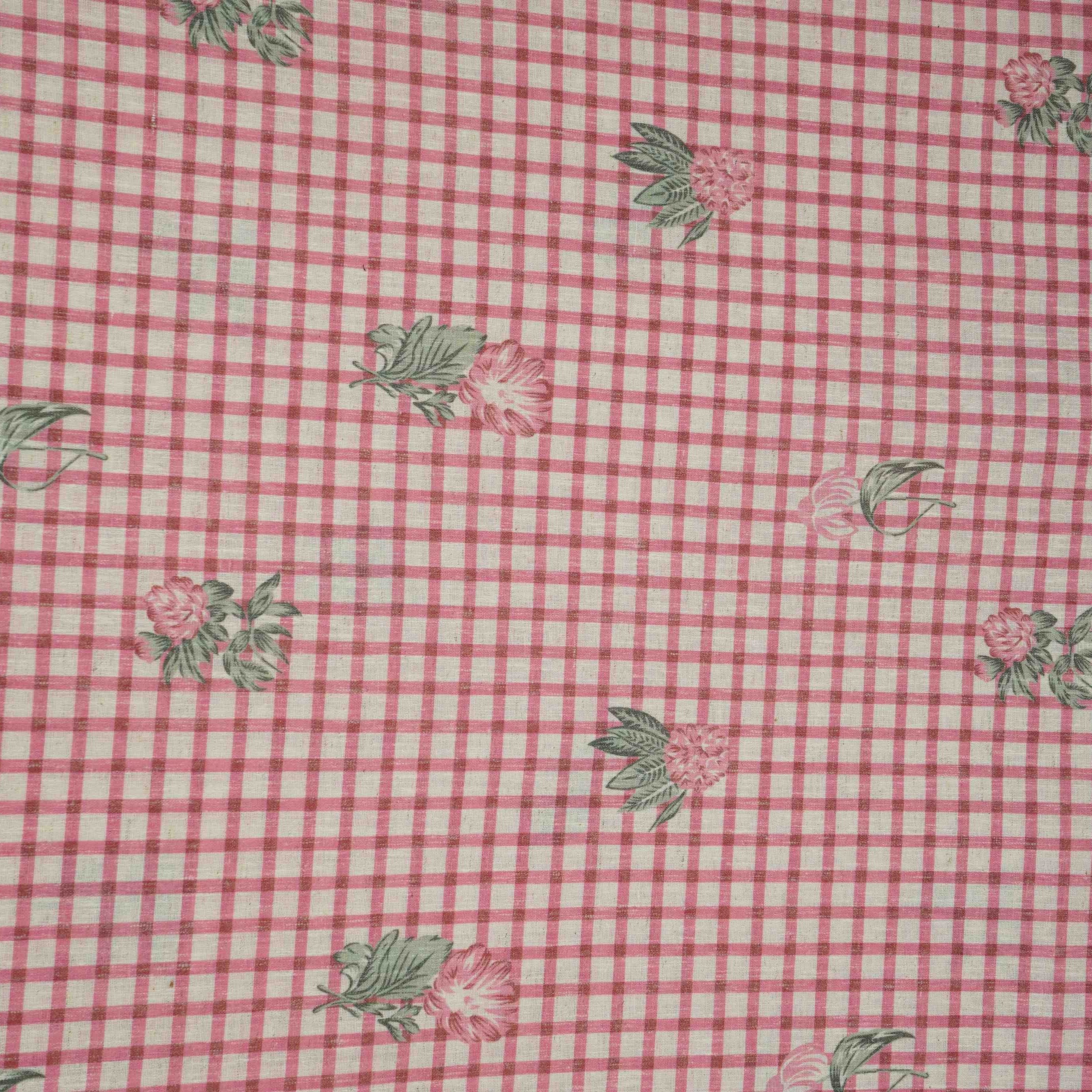 Pink floral Check print Linen Fabric DE-32130 - TradeUNO