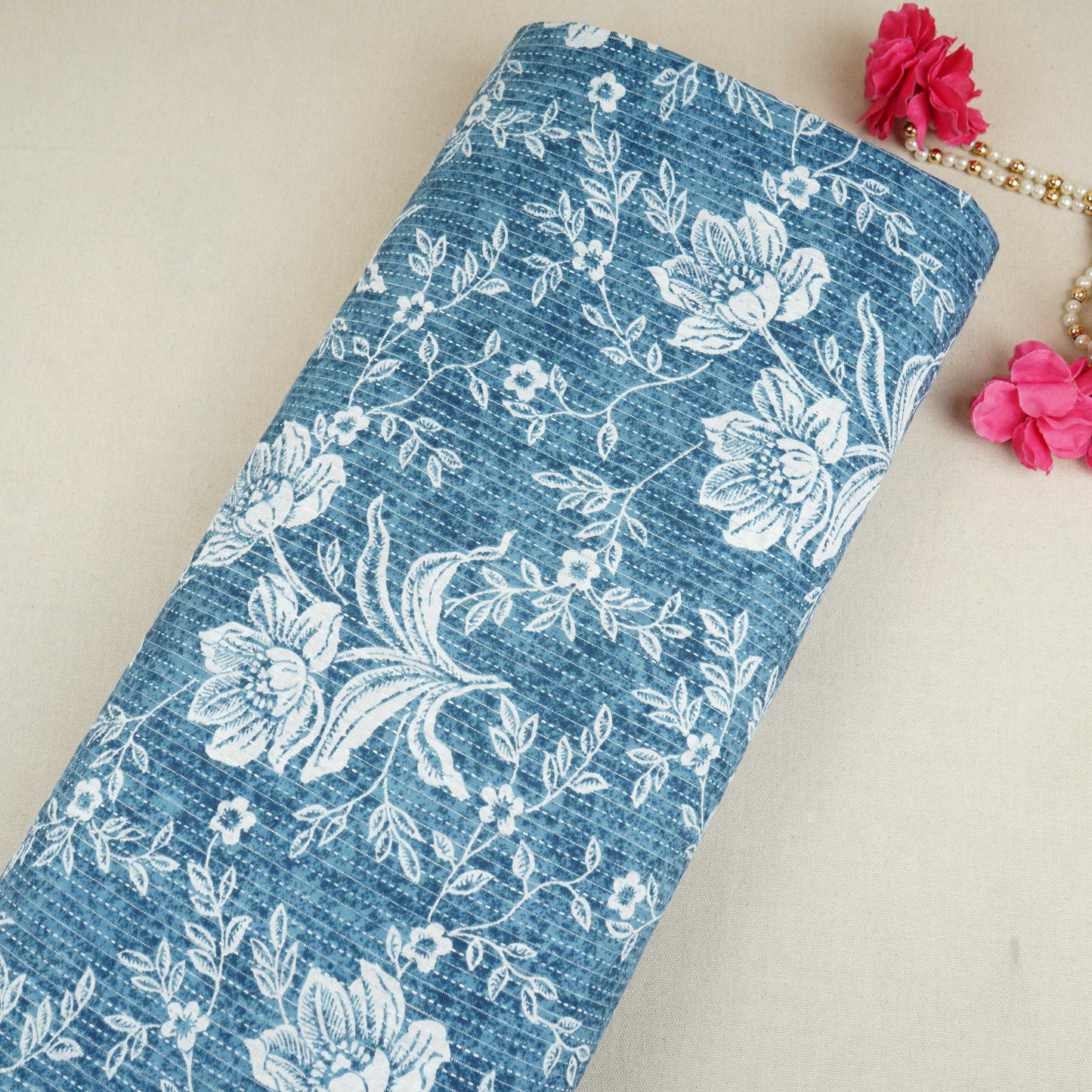 Light Blue with White Floral Kantha Print Cotton Fabric OG-30293