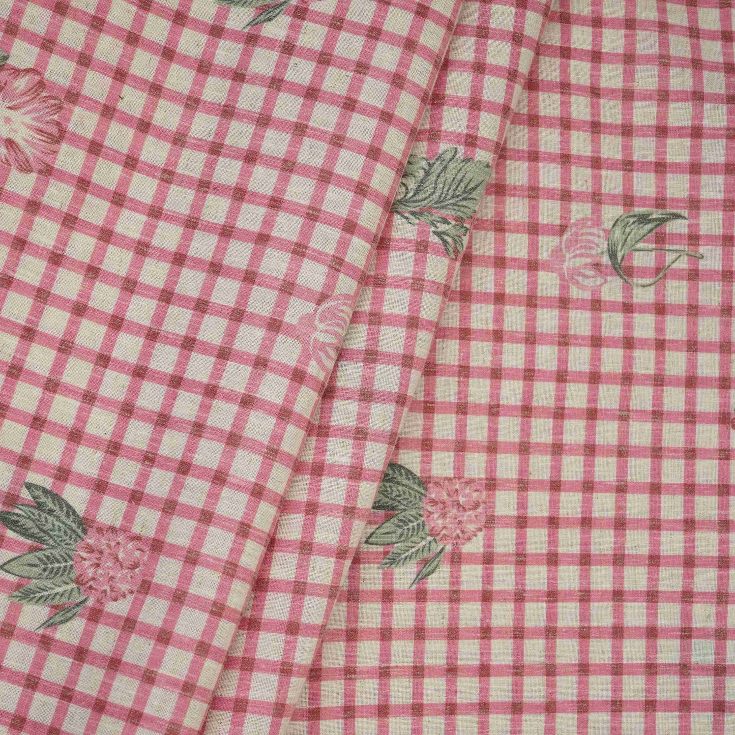 Pink floral Check print Linen Fabric DE-32130