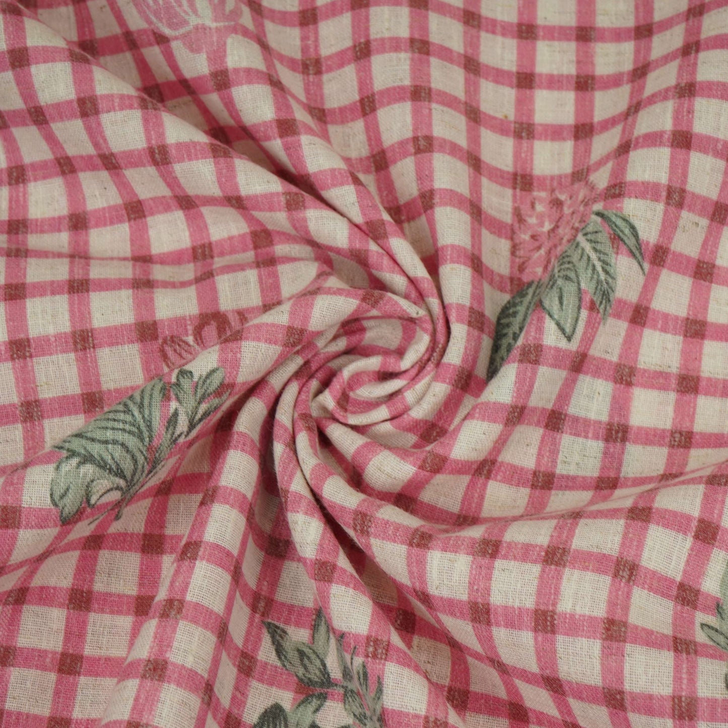 Pink floral Check print Linen Fabric DE-32130