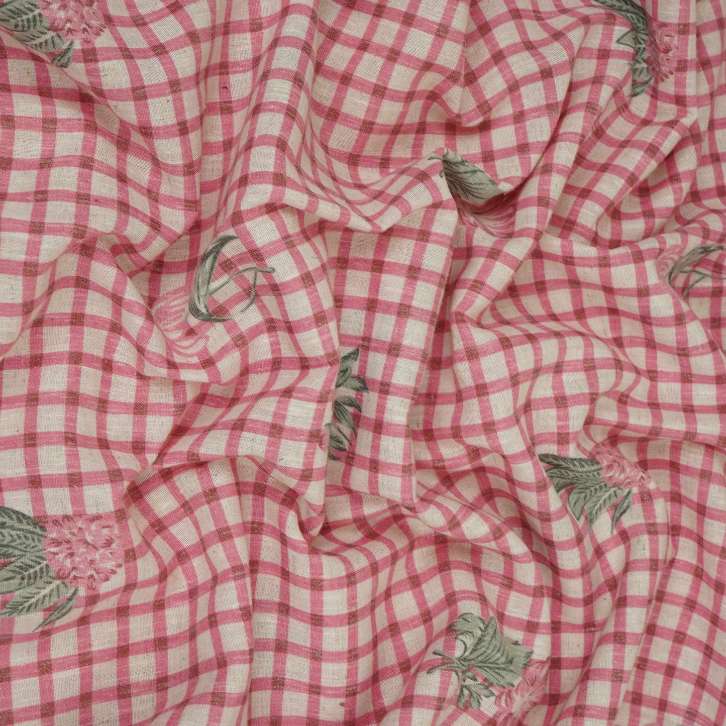 Pink floral Check print Linen Fabric DE-32130