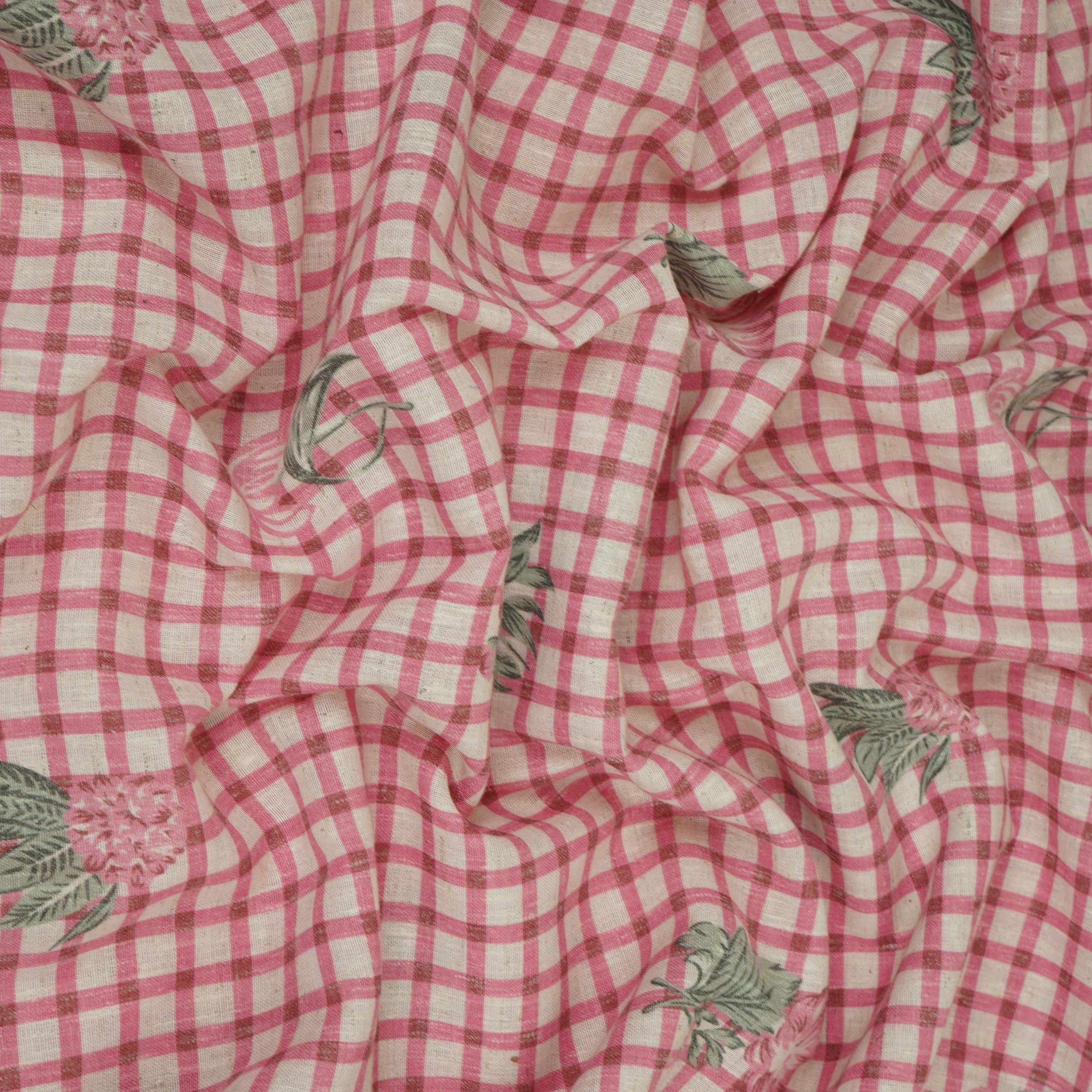 Pink floral Check print Linen Fabric DE-32130 - TradeUNO