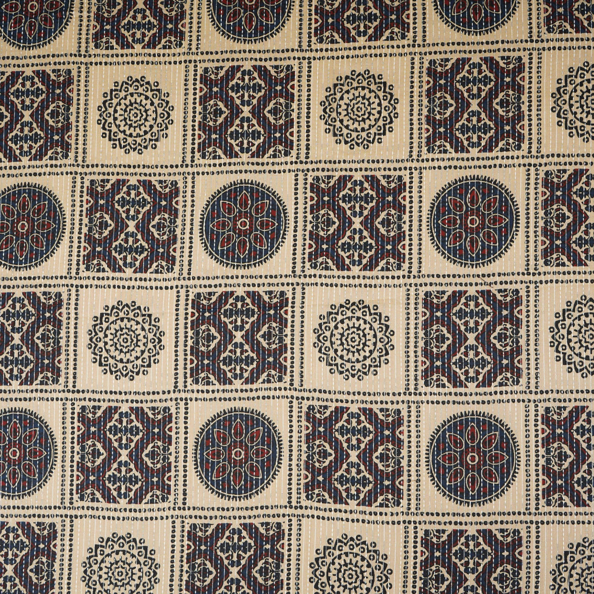 Cream Ajrakh with Kantha Print Cotton Fabric OG-30425 - TradeUNO