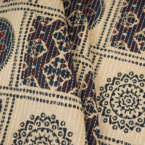 Cream Ajrakh with Kantha Print Cotton Fabric OG-30425 - TradeUNO