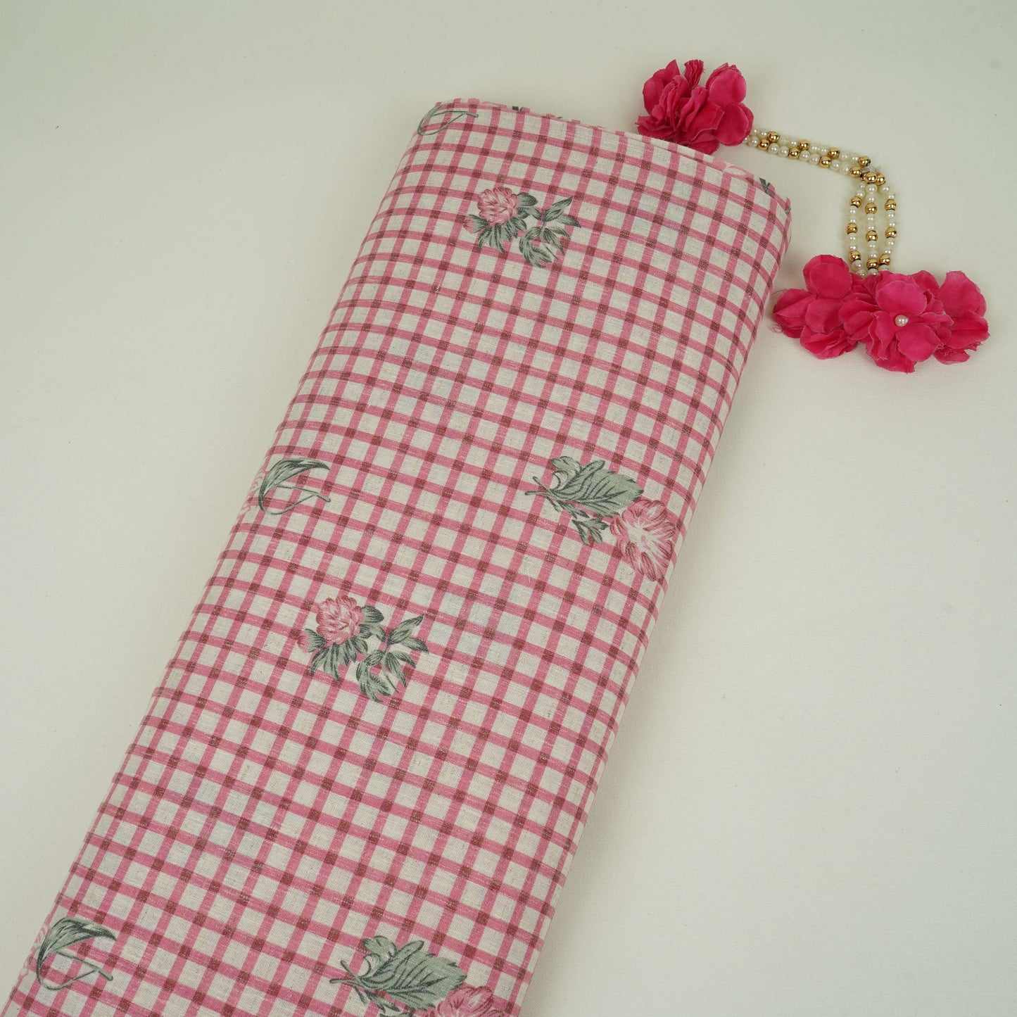 Pink floral Check print Linen Fabric DE-32130
