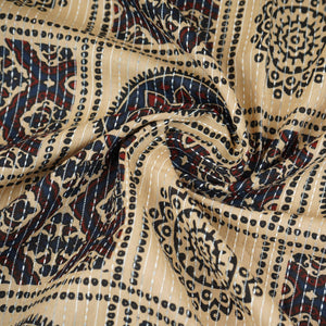 Cream Ajrakh with Kantha Print Cotton Fabric OG-30425 - TradeUNO